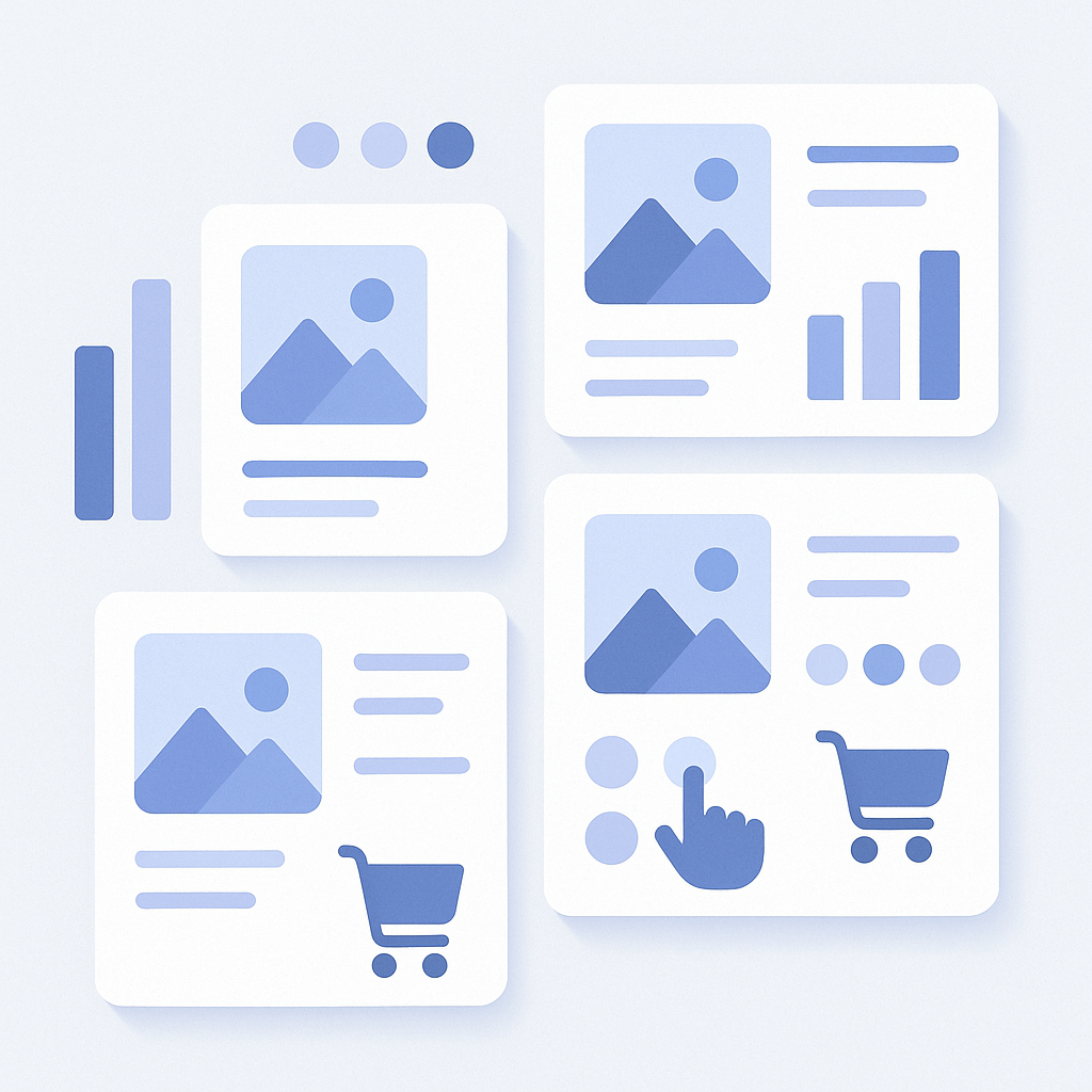 Abstract illustration of multiple recommendation placements each showing different levels of impressions, clicks, and add-to-cart performance