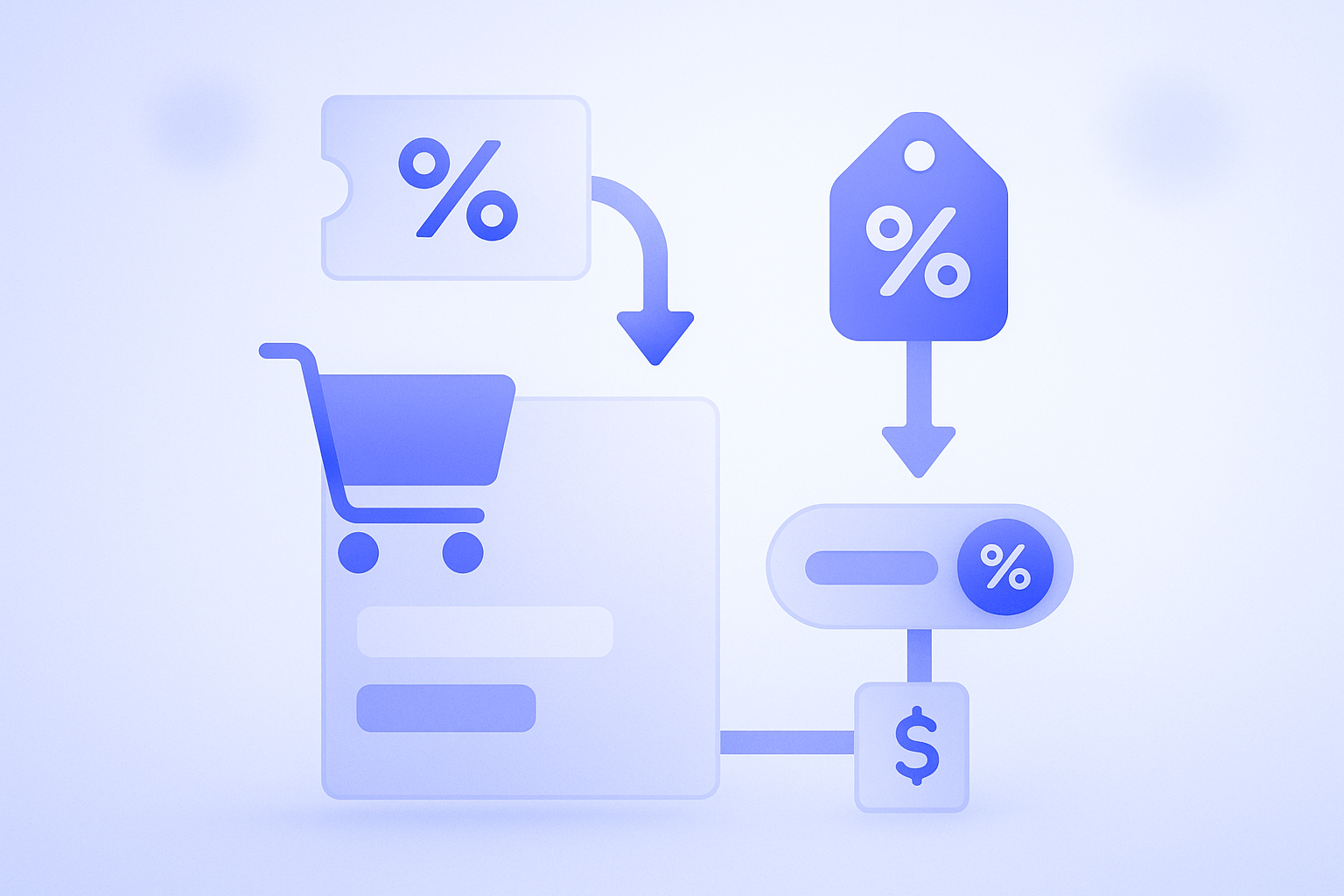 Shopifyのチェックアウト画面をイメージした、割引コード入力欄と自動割引が同時に描かれた抽象的なイラスト