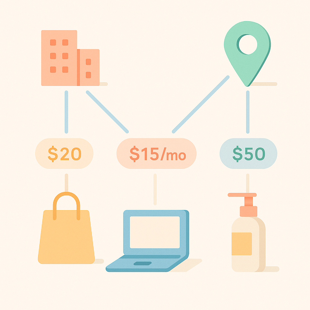 Concept diagram showing different prices and payment terms configured per company and per location within B2B on Shopify.