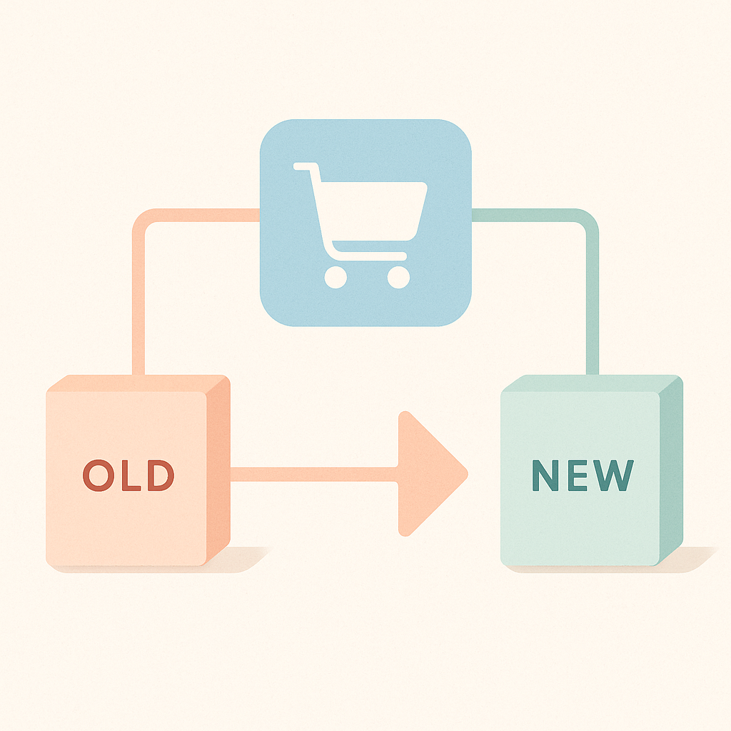 旧システムと新システムがShopifyプラットフォームにつながる構造を示す概念図