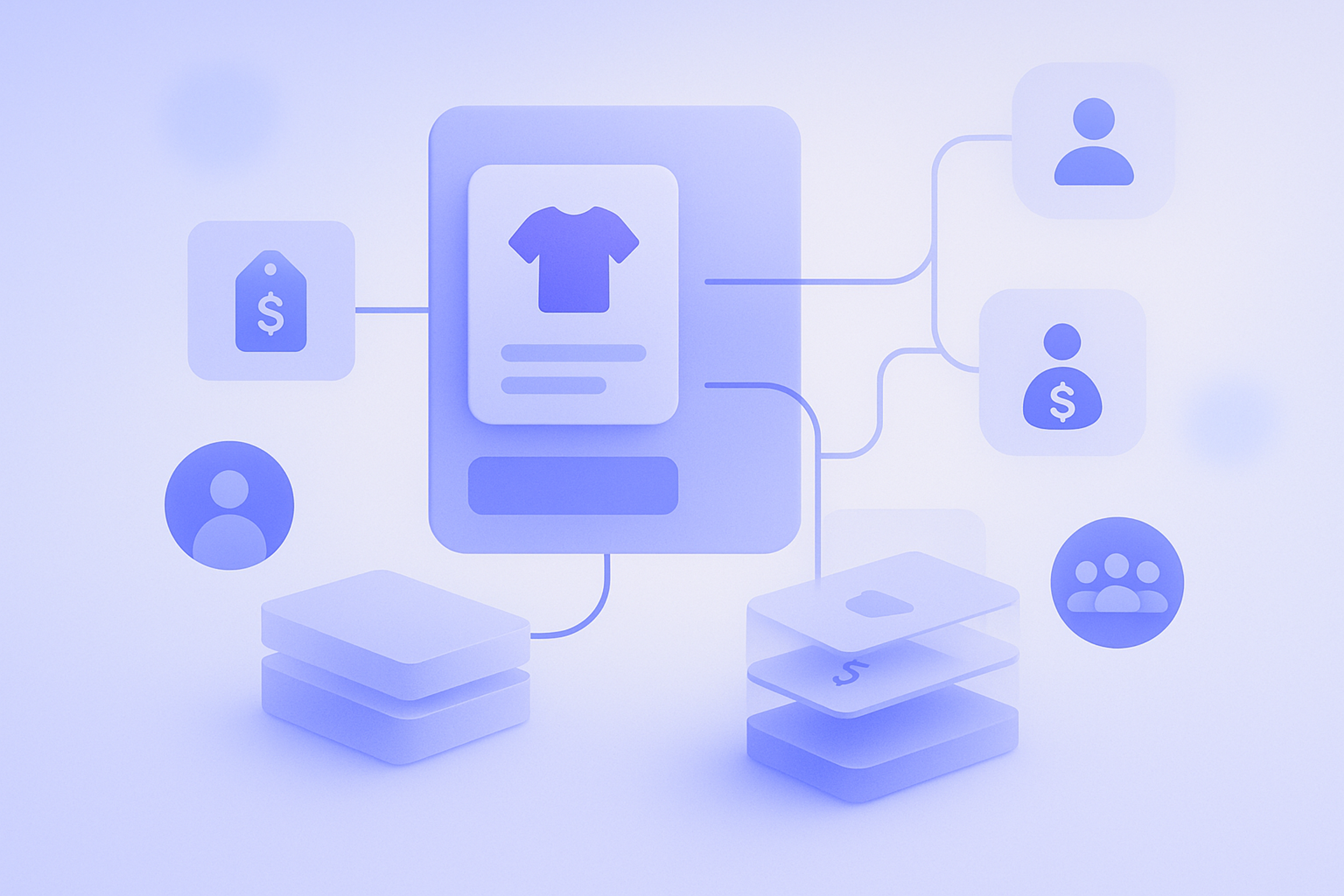 Shopify B2Bで商品カードと価格情報を整理してカタログを管理しているイメージイラスト