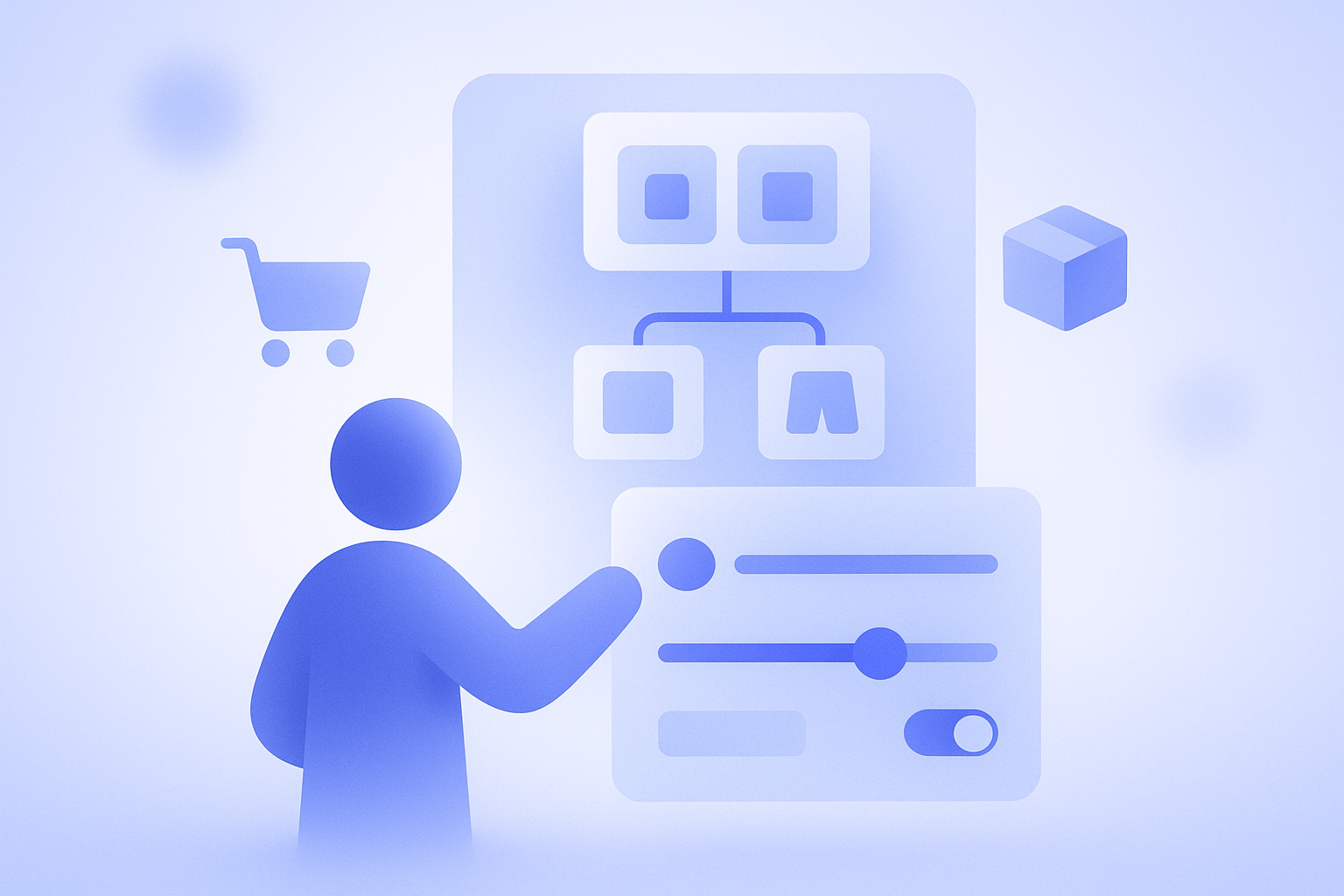 Shopify ストア運営者がダッシュボード上でアップセル用レコメンド設定を調整しているイメージイラスト