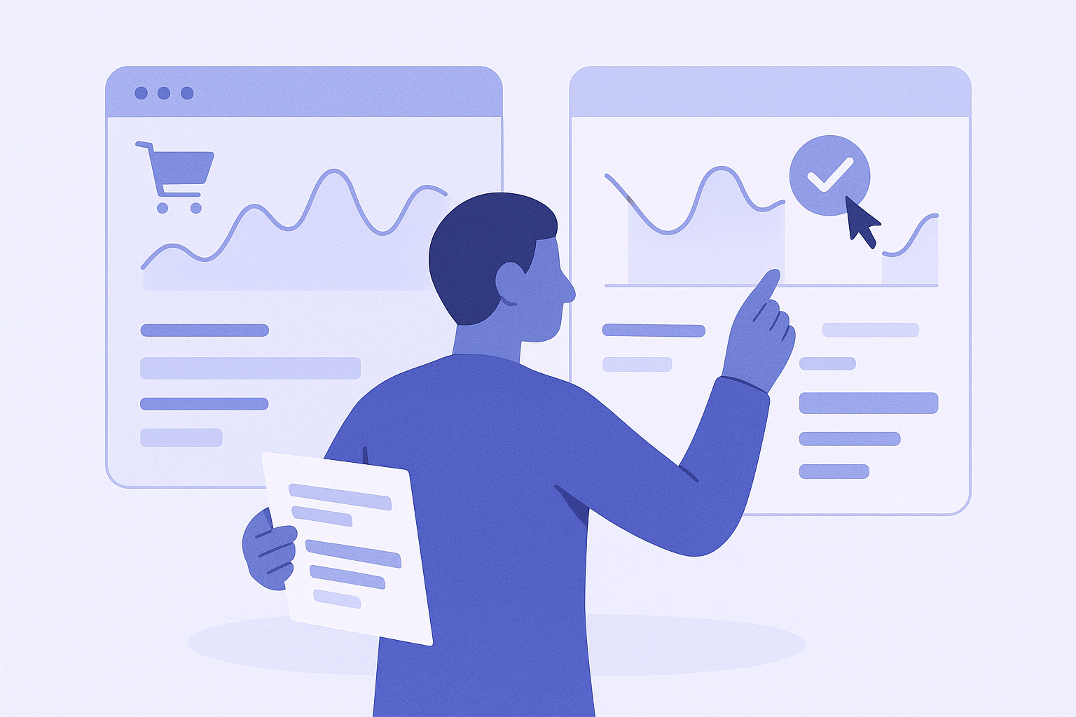 ShopifyストアとGoogle広告のダッシュボードを見比べてコンバージョン計測を確認している様子のイメージイラスト