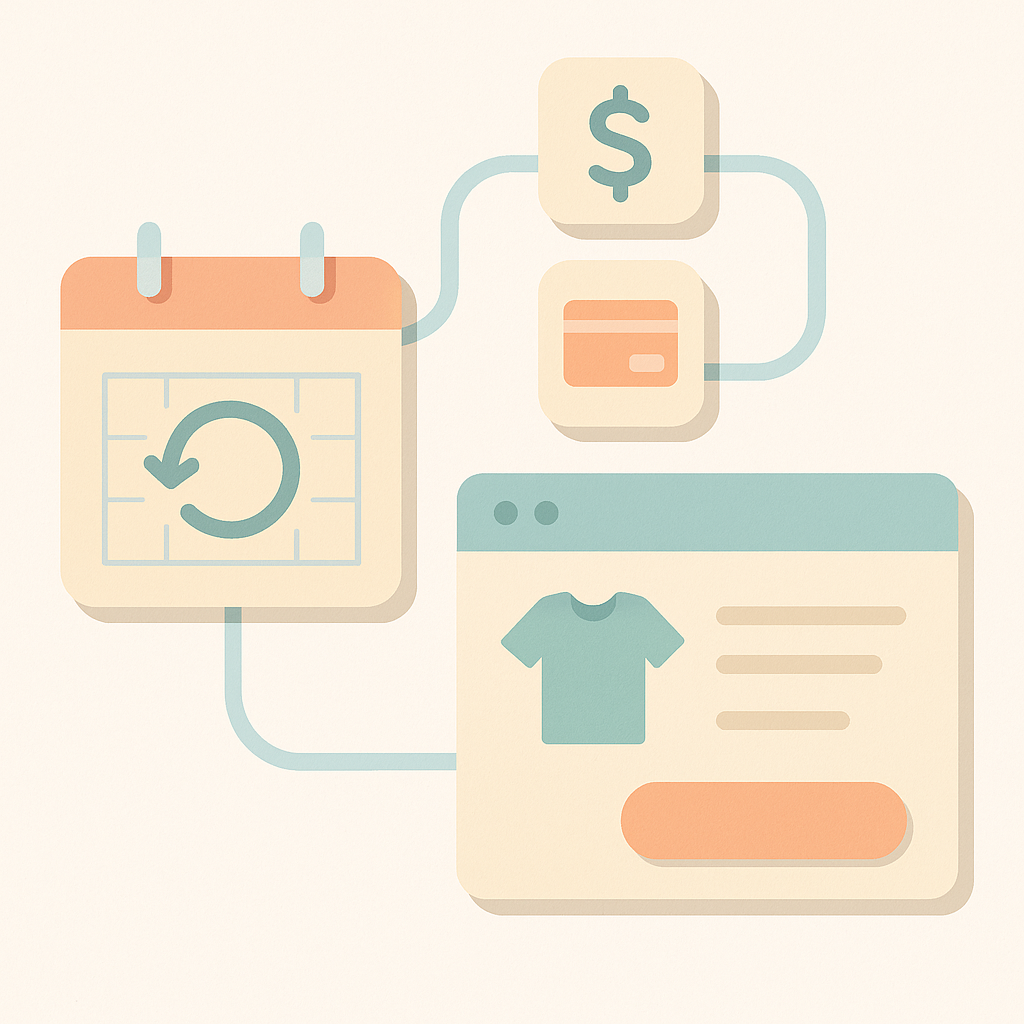 Concept image of a calendar and recurring payment icons connected into the Shopify checkout flow