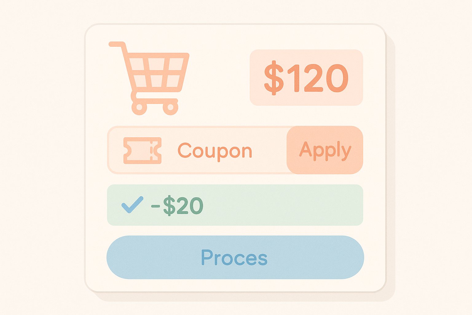 Shopifyのチェックアウト画面をイメージした、割引コード入力欄と自動割引が同時に描かれた抽象的なイラスト