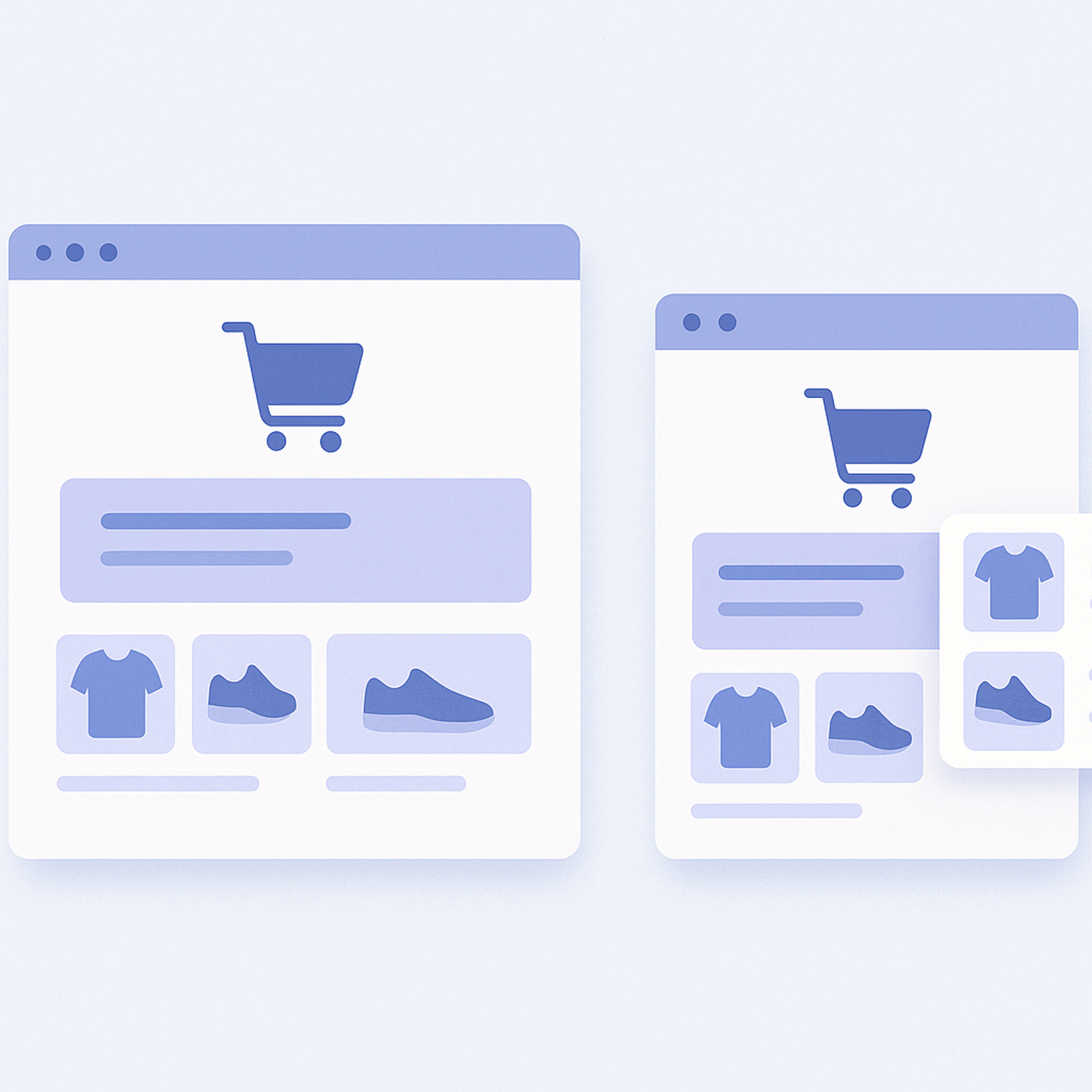 Abstract layout image showing the difference between fixed cart recommendations and mini-cart or popup recommendations around the cart