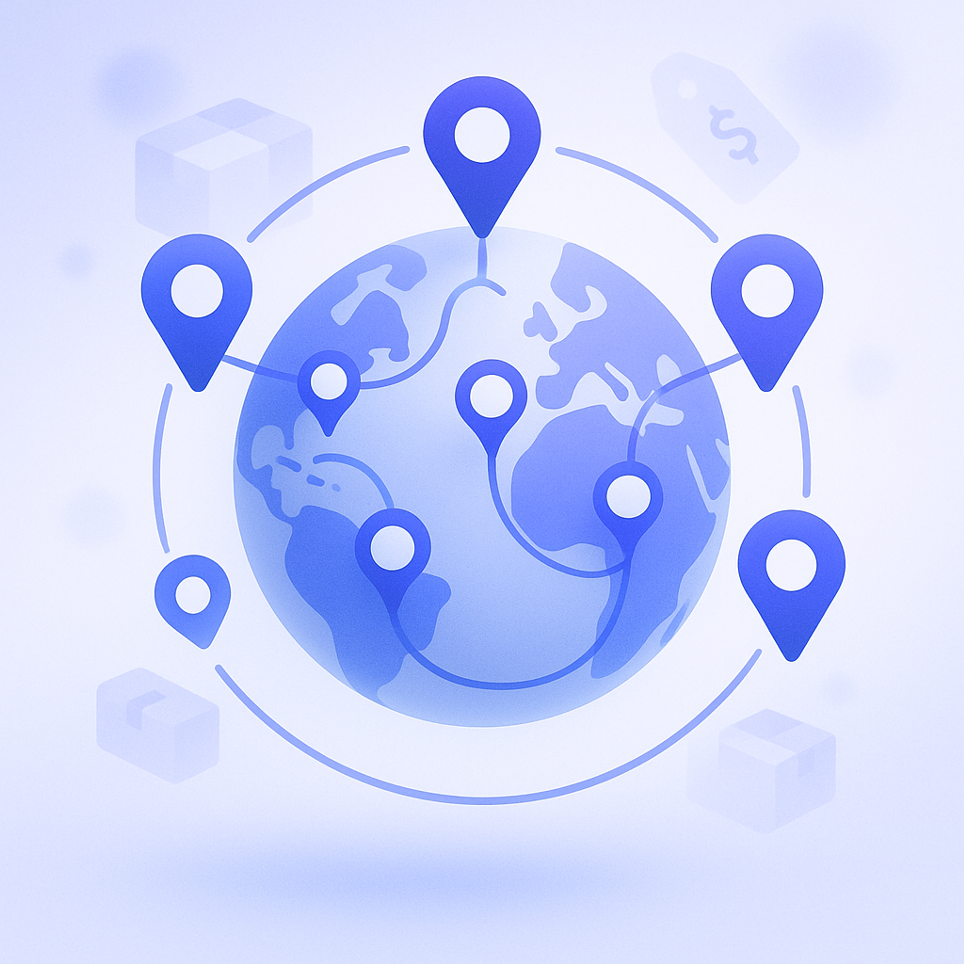 World map illustration showing separate shipping zones with different shipping price tags by area
