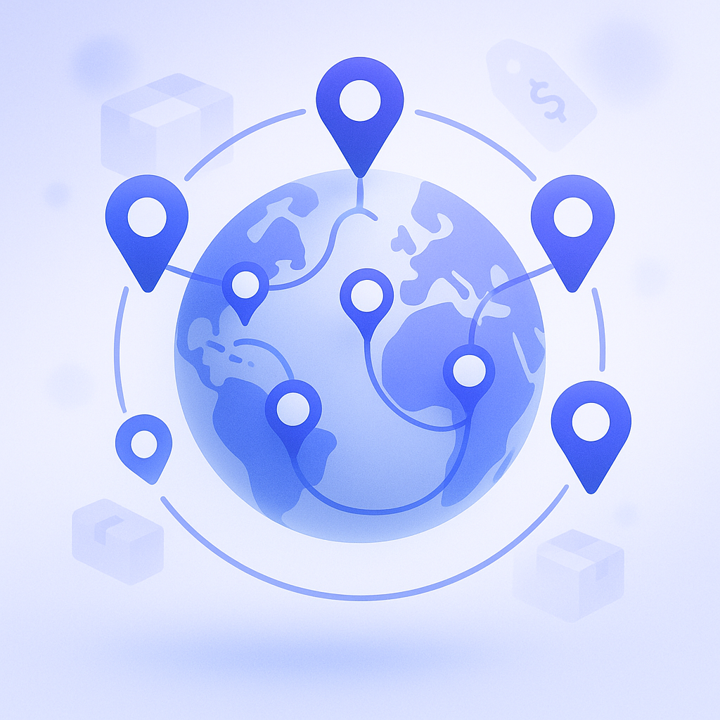 World map illustration showing separate shipping zones with different shipping price tags by area