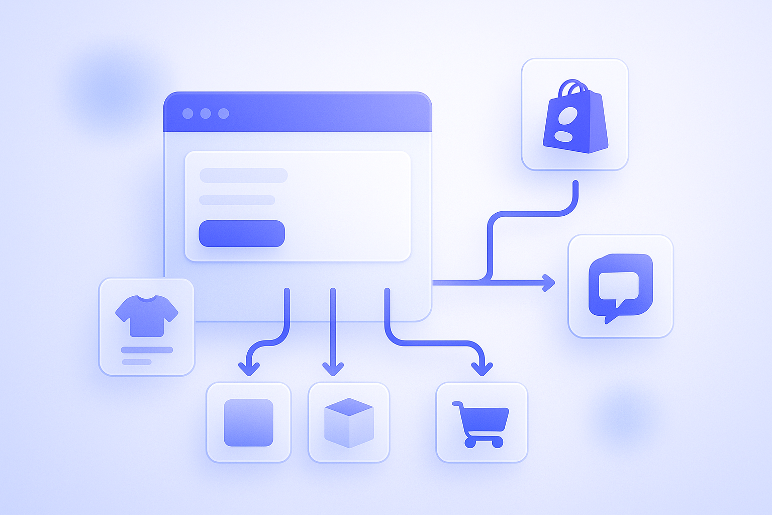 Shopify Flowで業務自動化をイメージした、オンラインストア管理画面とワークフローの抽象イラスト