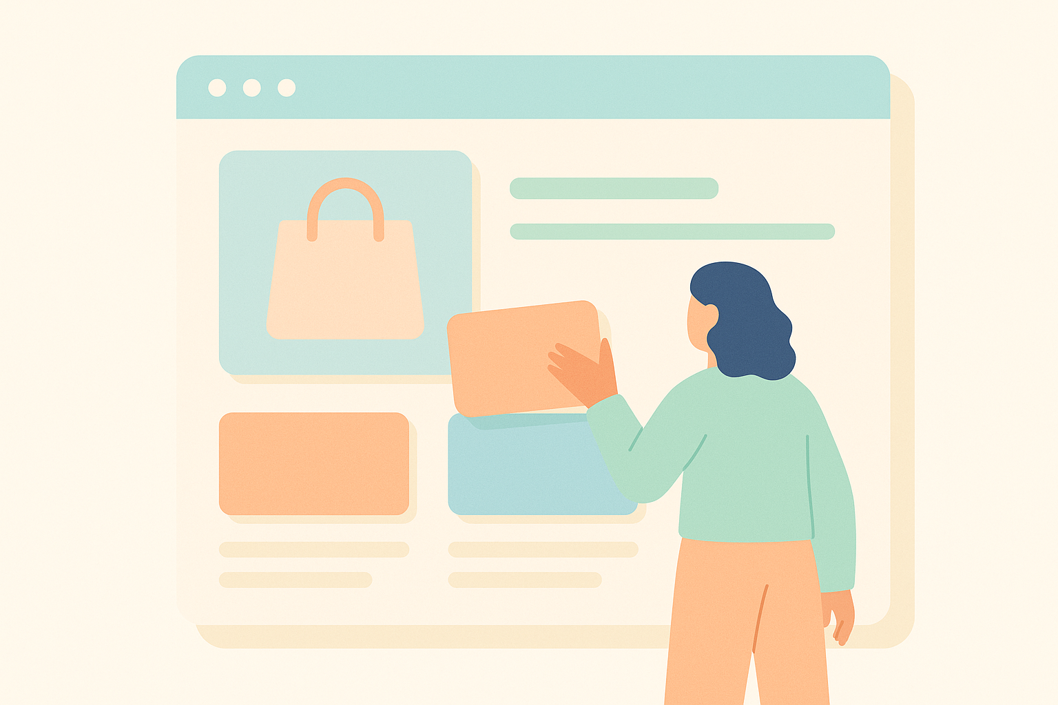 Shopifyの商品説明テンプレートで商品情報のブロックを整理しているイメージイラスト
