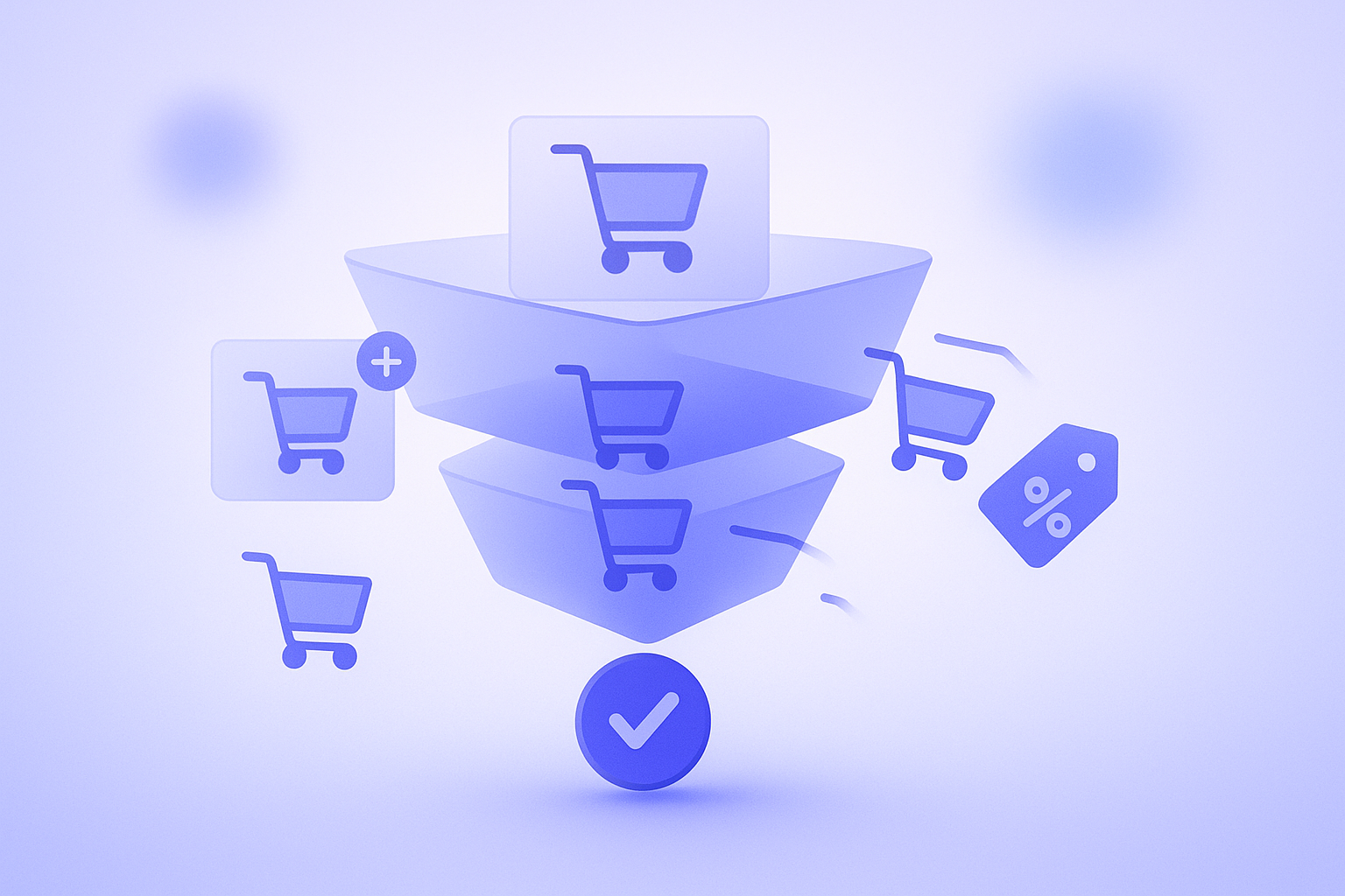 Shopifyストアのカート放棄を減らすための施策をイメージした、チェックアウト画面と買い物客のイラスト