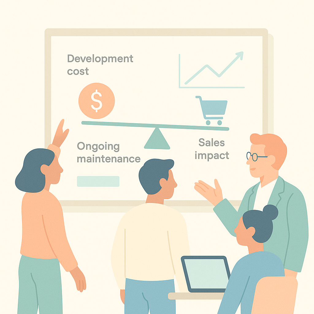 Ecommerce team discussing development cost and operating capacity balance in front of a whiteboard