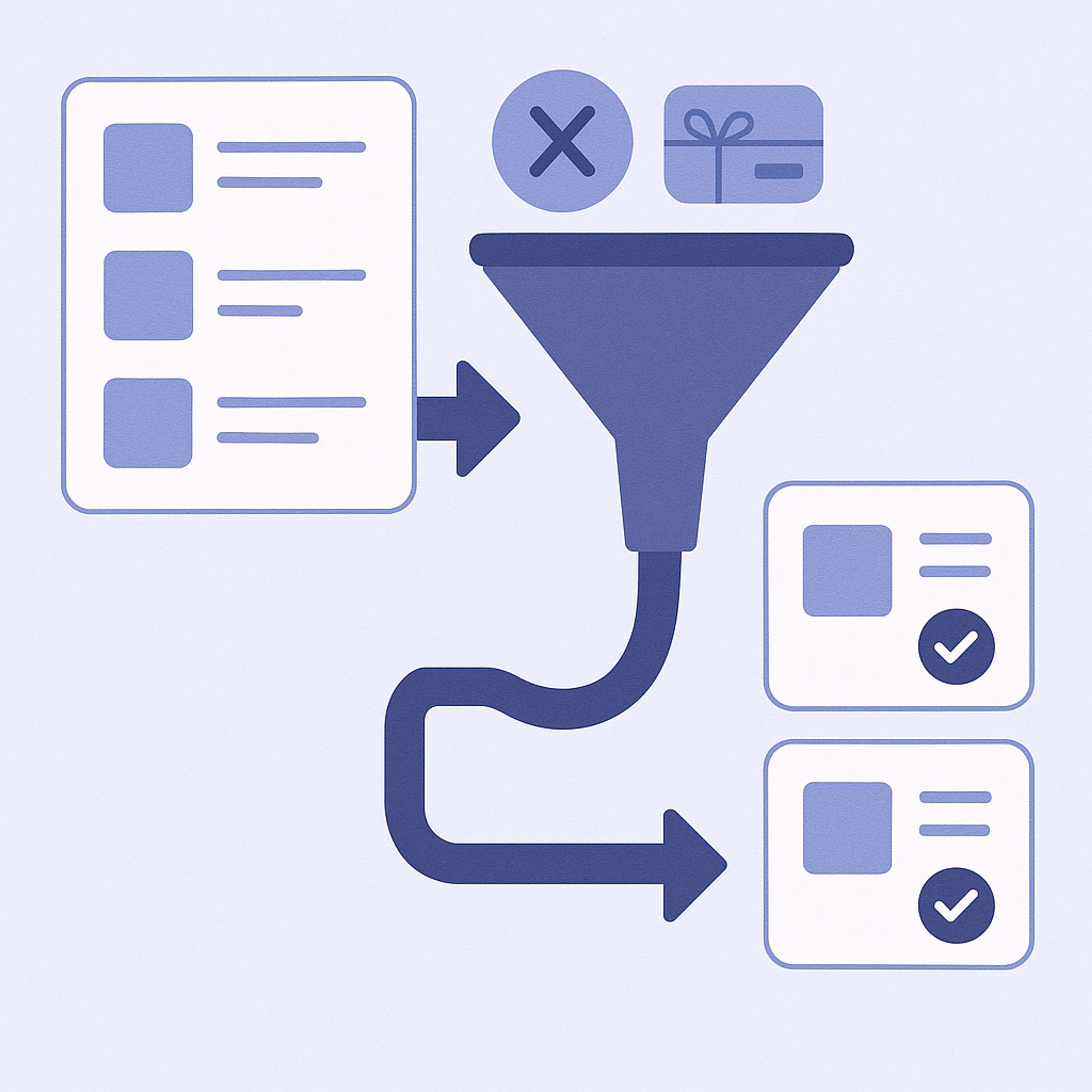 Concept image where out-of-stock items and gift cards are filtered out so that only products intended for recommendations remain visible