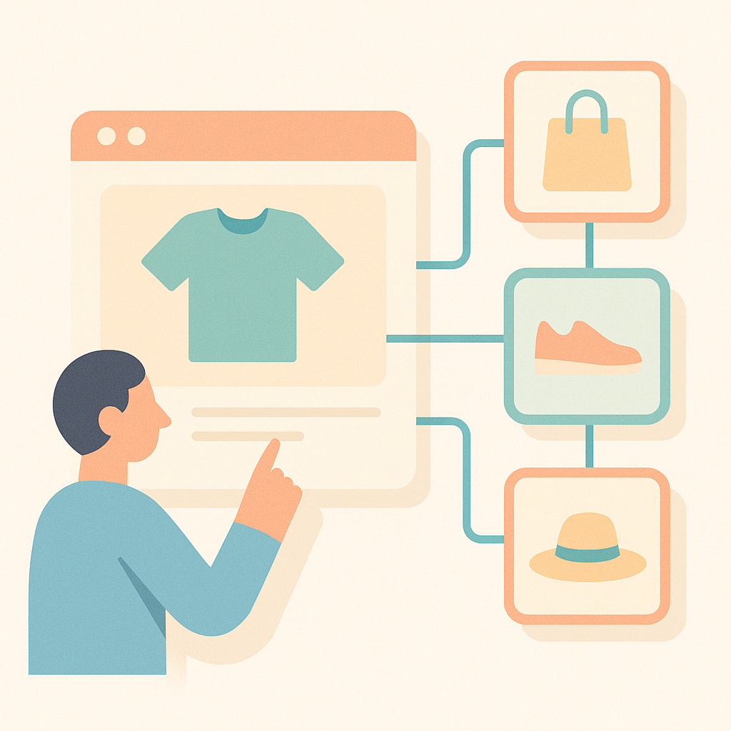 Illustration of related products connected by lines, showing a user browsing between them