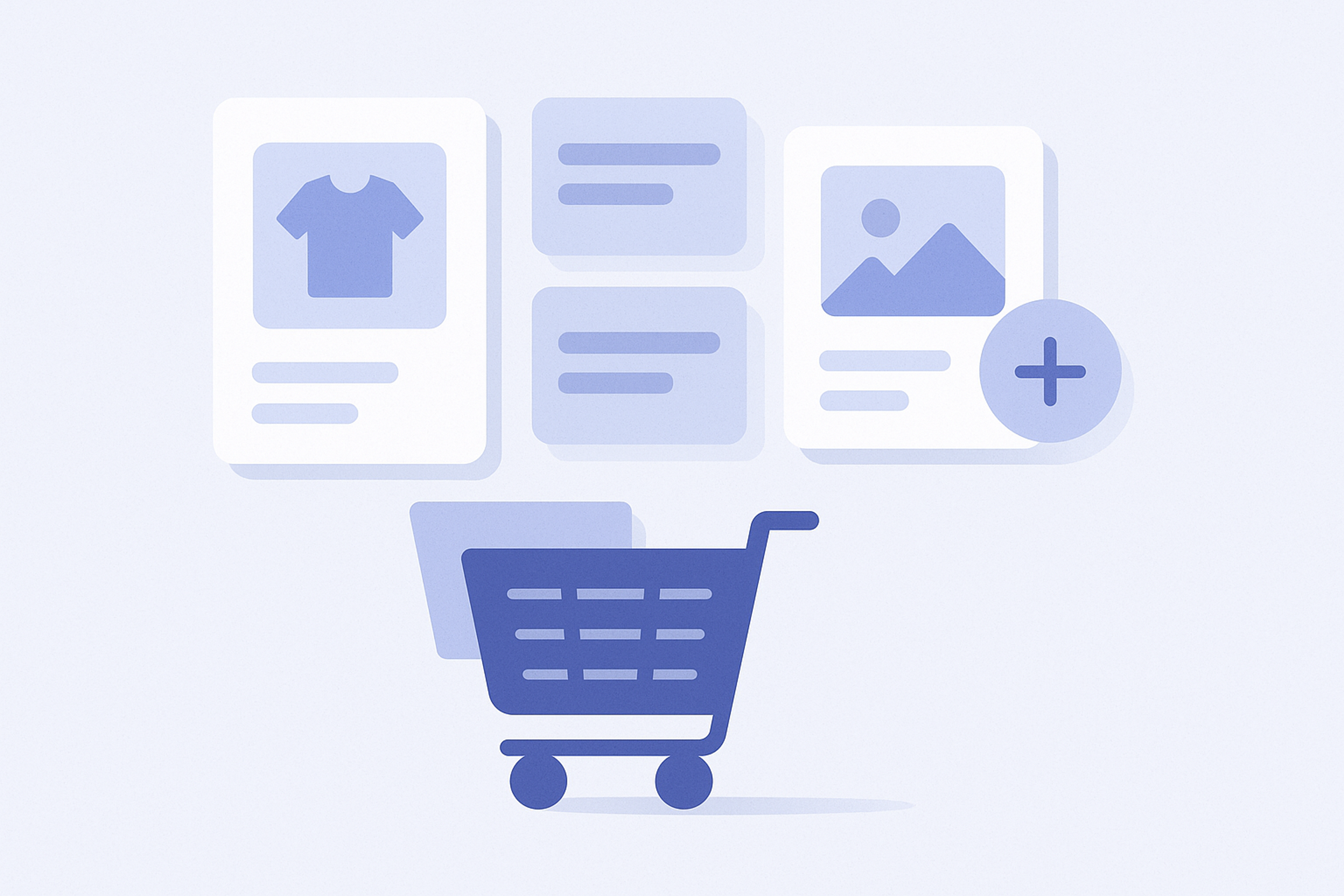 Abstract illustration of an online shopping cart interface with additional upsell products displayed directly beneath the main cart items