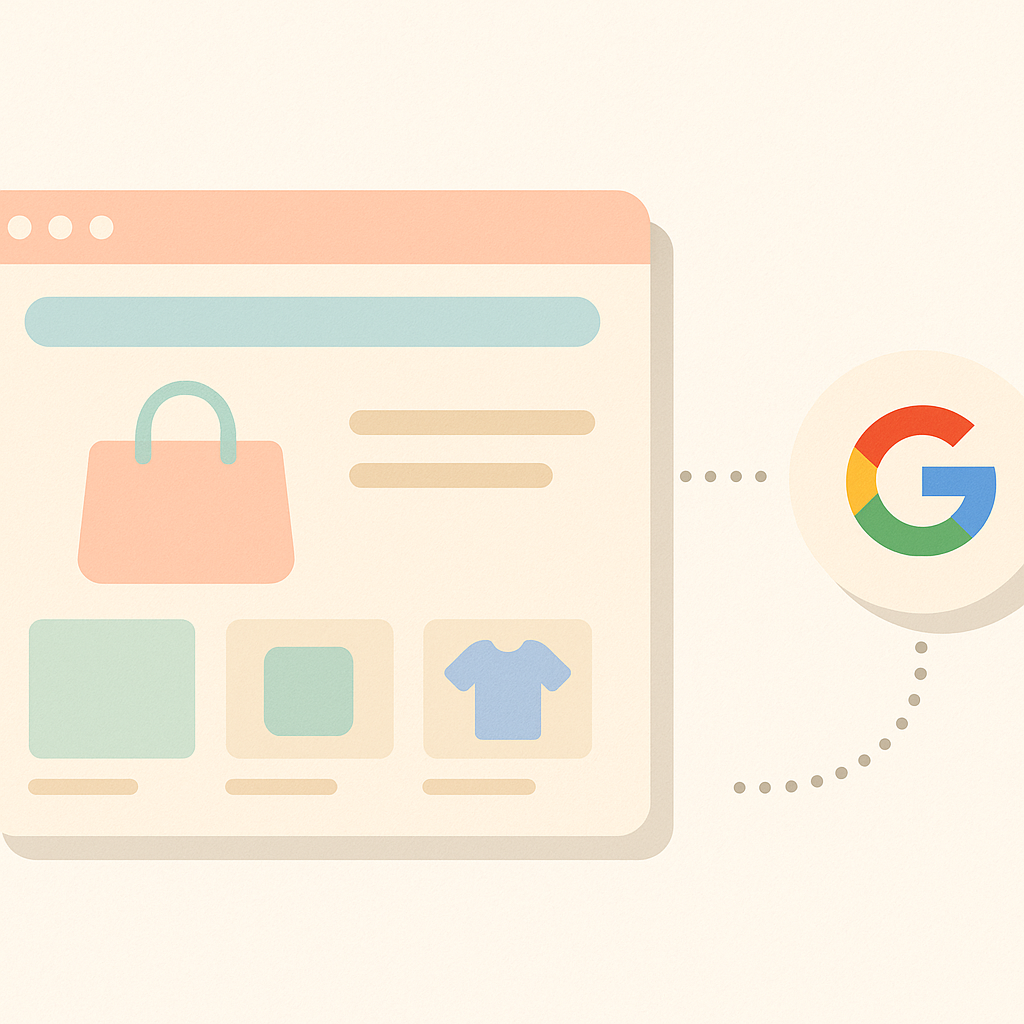 Shopify 管理画面から Google 公式チャネルへ連携している様子を表すイラスト