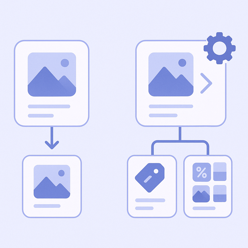 Diagram comparing simple native Shopify related products with a more advanced, app-based recommendation system