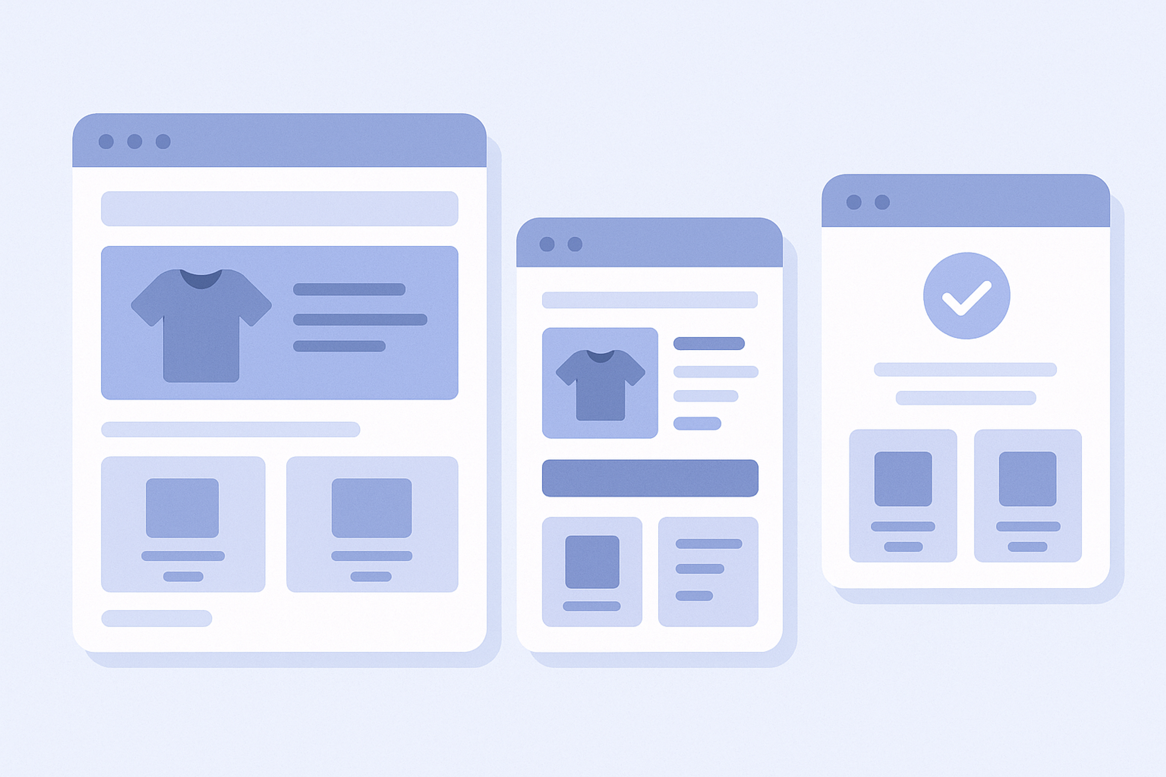 Layout example of an ecommerce site placing recommendation widgets on the product page, cart page, and thank you page to increase average order value