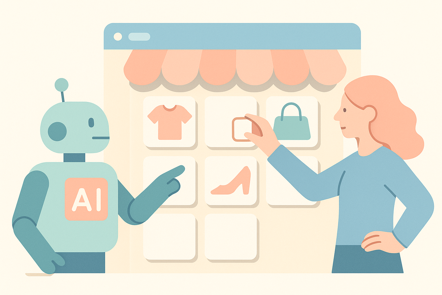AIレコメンドと店長の手動キュレーションがオンラインストアの商品棚を一緒に整えているイメージイラスト