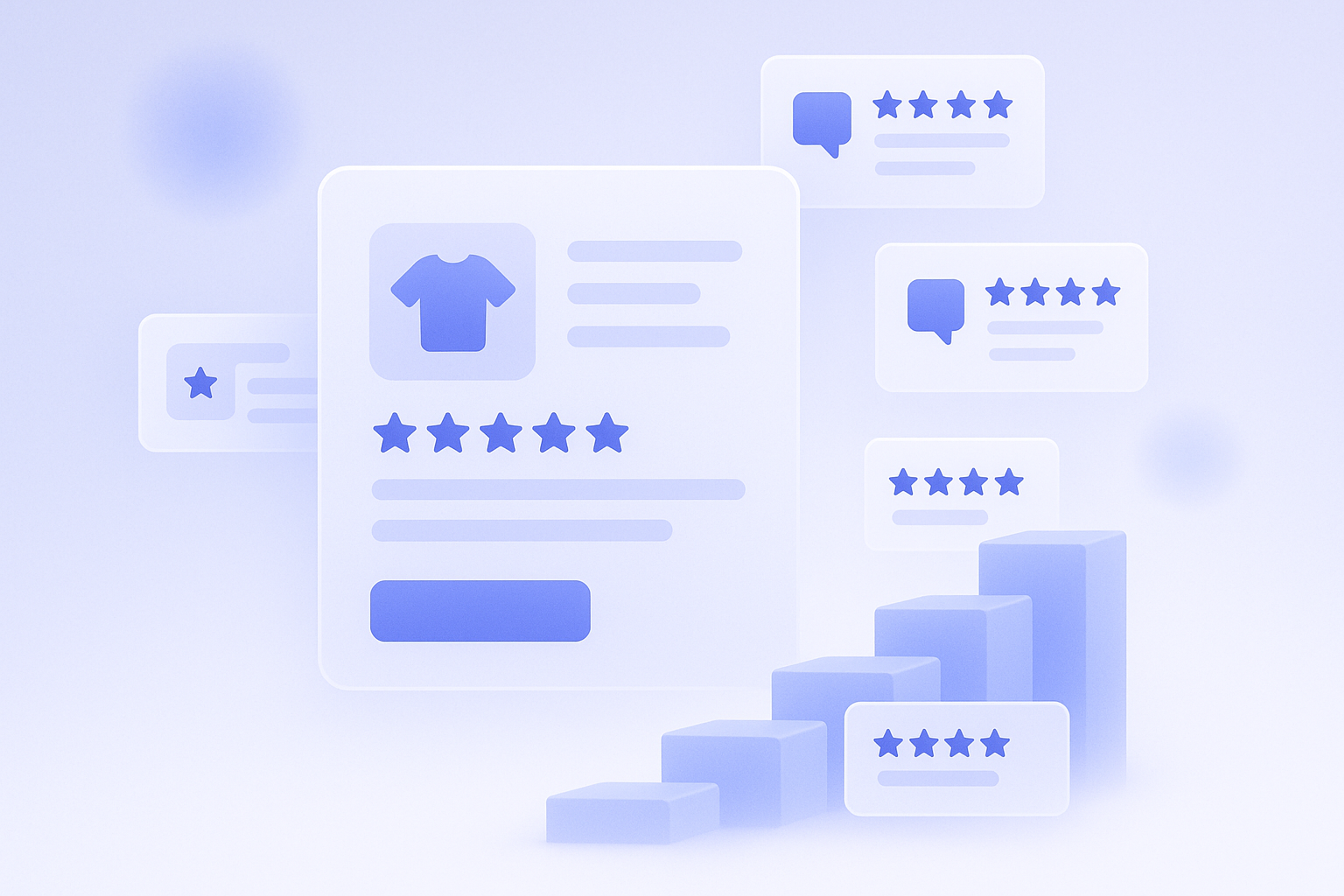 Shopifyの商品ページと検索結果に表示された星評価やレビューが並んでいるイメージイラスト
