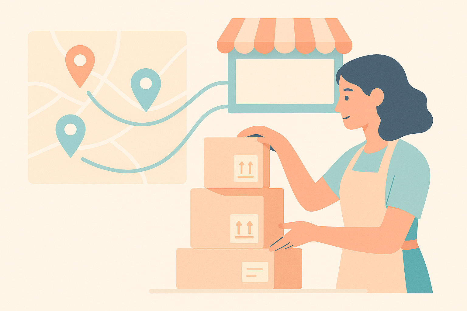 Illustration of a Shopify operator organizing inventory boxes on a map where multiple stores and warehouses are connected by lines.