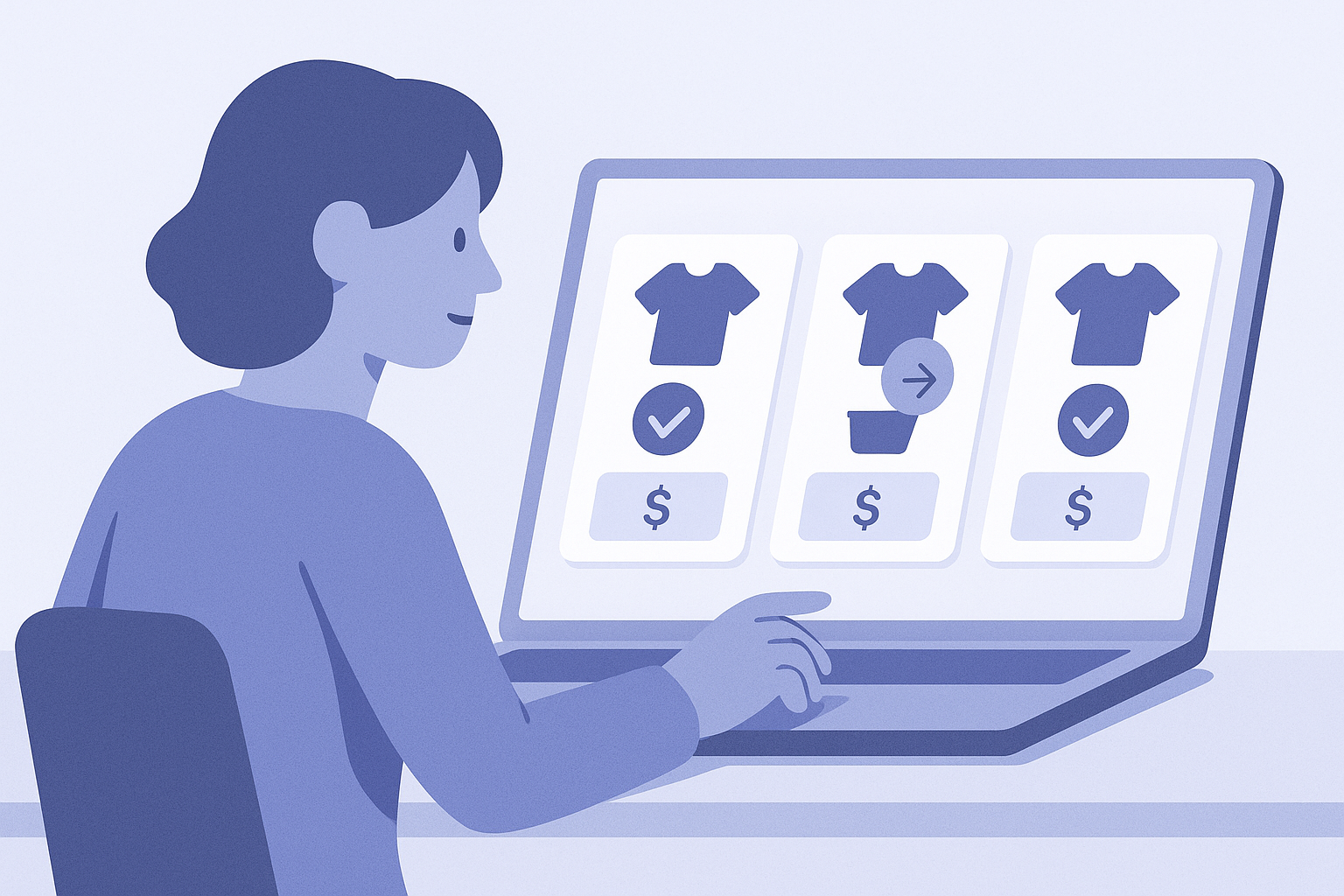 Abstract illustration of a Shopify store operator comparing features and pricing of multiple recommendation apps for their online store