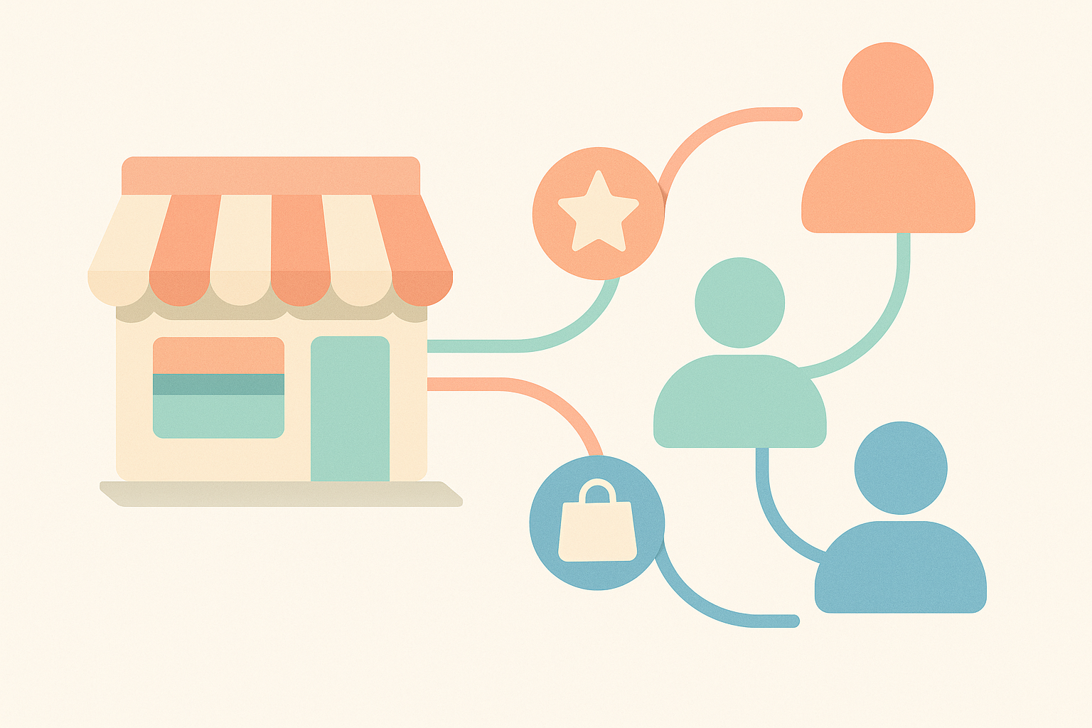 Shopifyストアとリピート顧客が線でつながり、ポイントや特典を表すアイコンが配置されたロイヤルティ設計のイメージ図