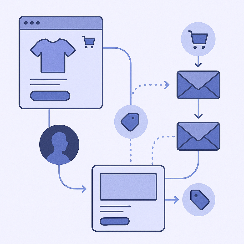 Illustration of automated email flows branching based on different customer behaviors and actions