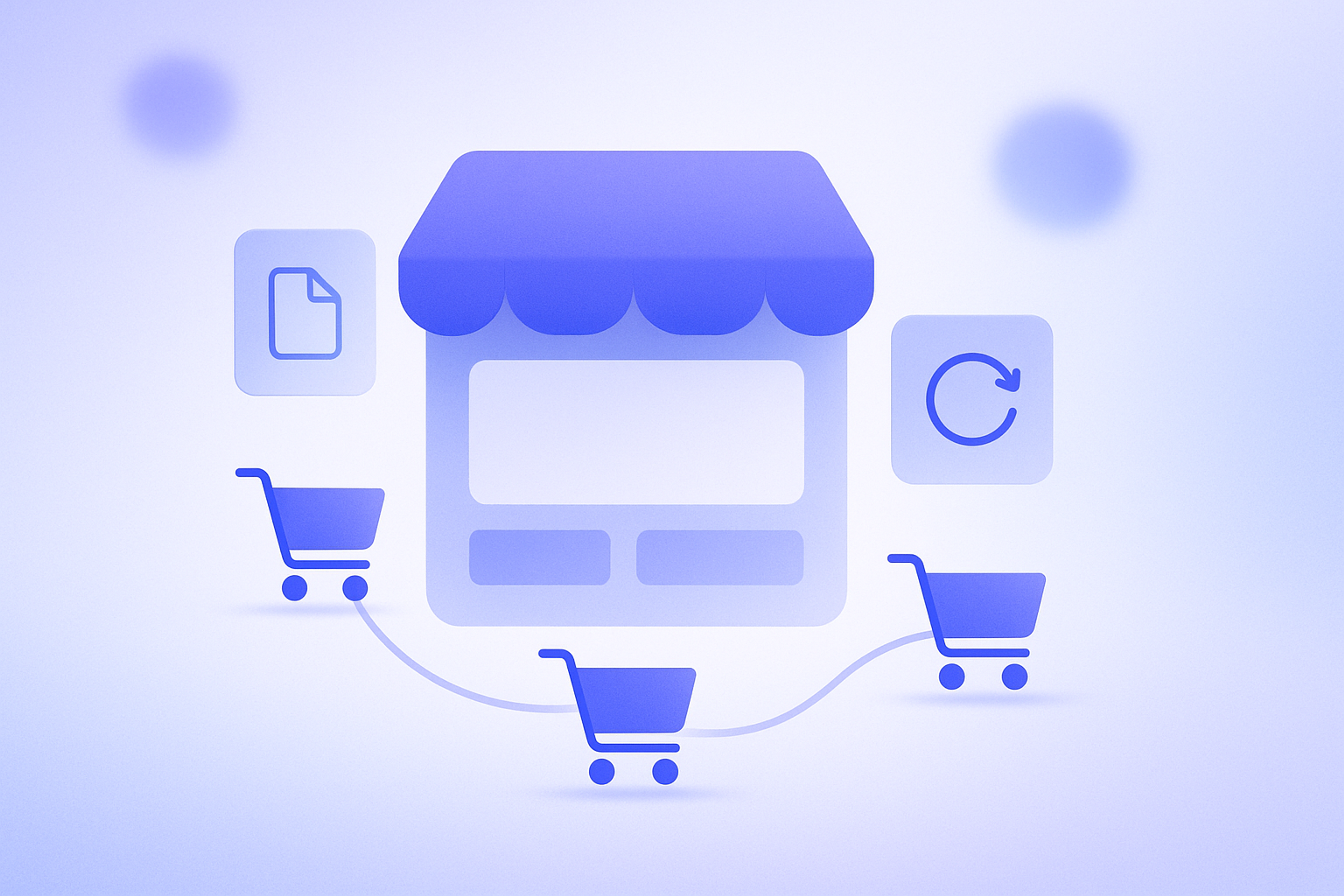 Shopifyストアでファイルやコンテンツなどのデジタル商品がオンライン販売されている様子を抽象的に表したイラスト