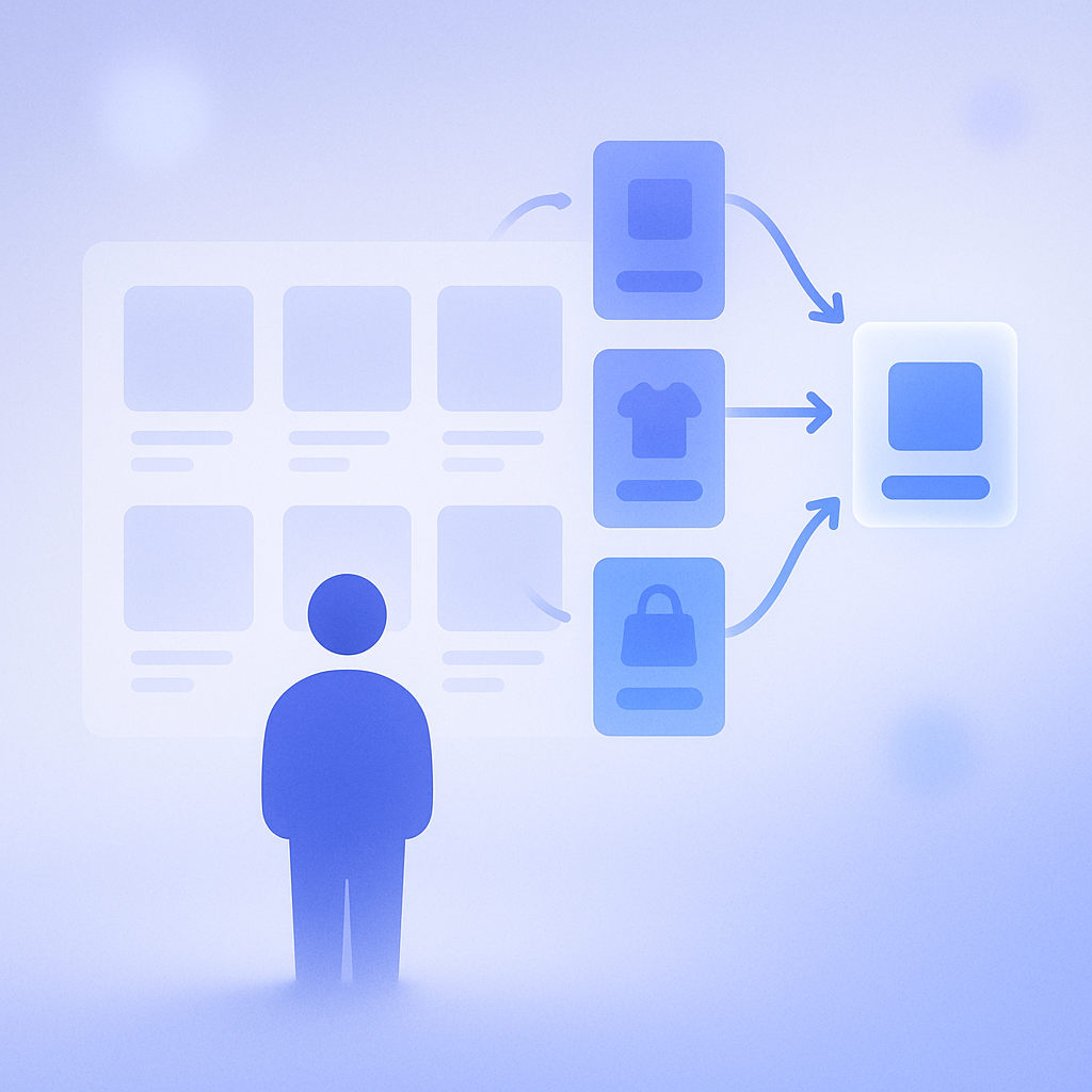 Simple diagram showing how a user’s browsing history feeds into an algorithm that generates a recommended products area