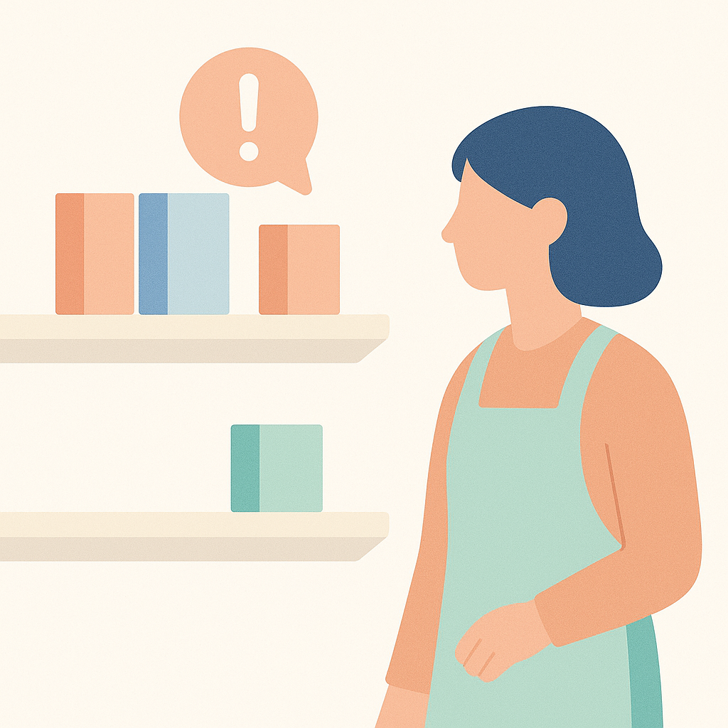 在庫が少なくなった商品棚と、スタッフへのアラート通知を表現したイラスト