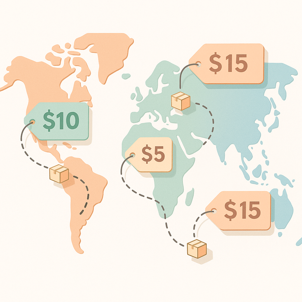 World map illustration showing separate shipping zones with different shipping price tags by area