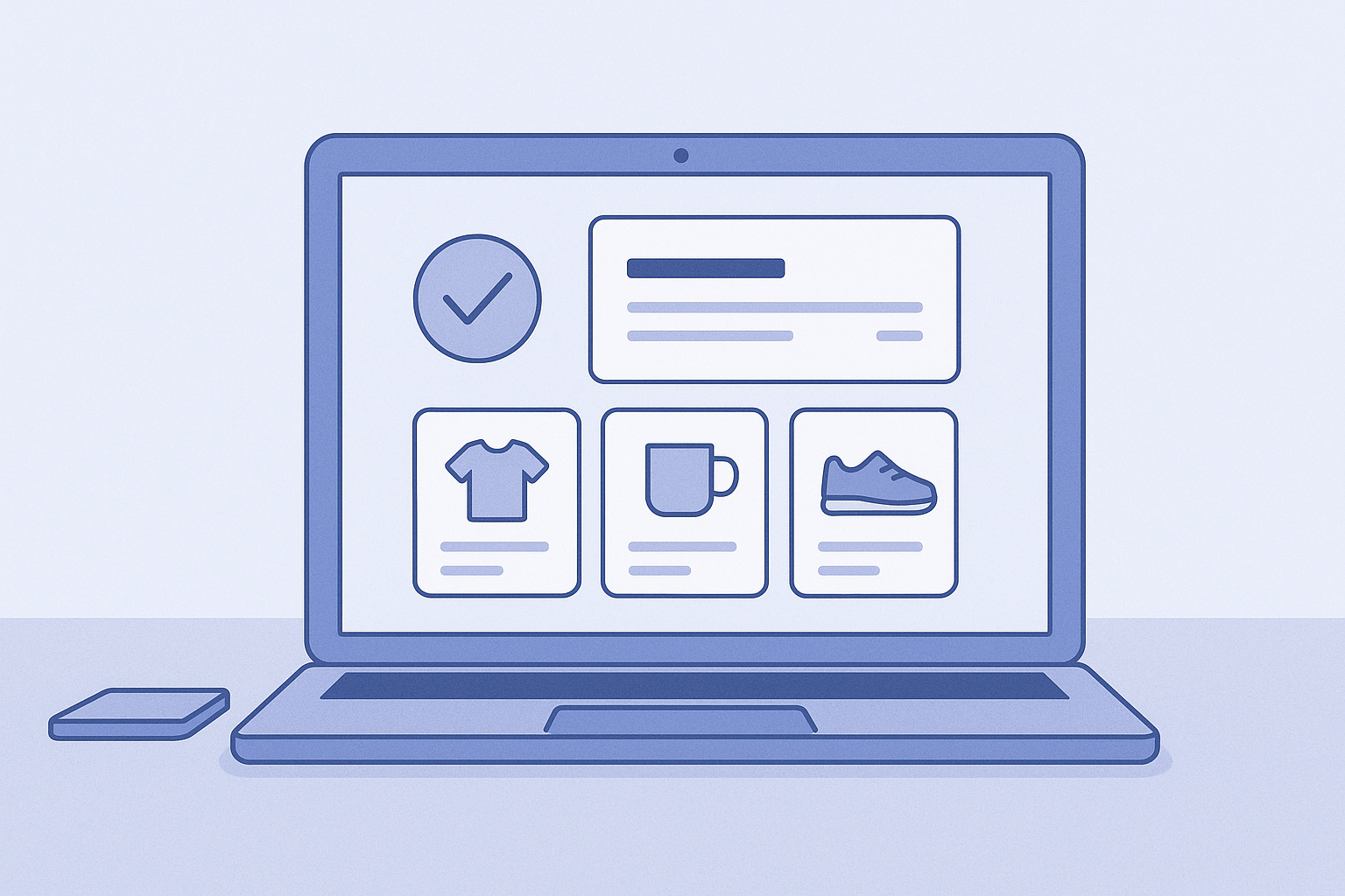 Illustration of a Shopify thank you page layout showing order details at the top and a small row of related product cards displayed neatly underneath