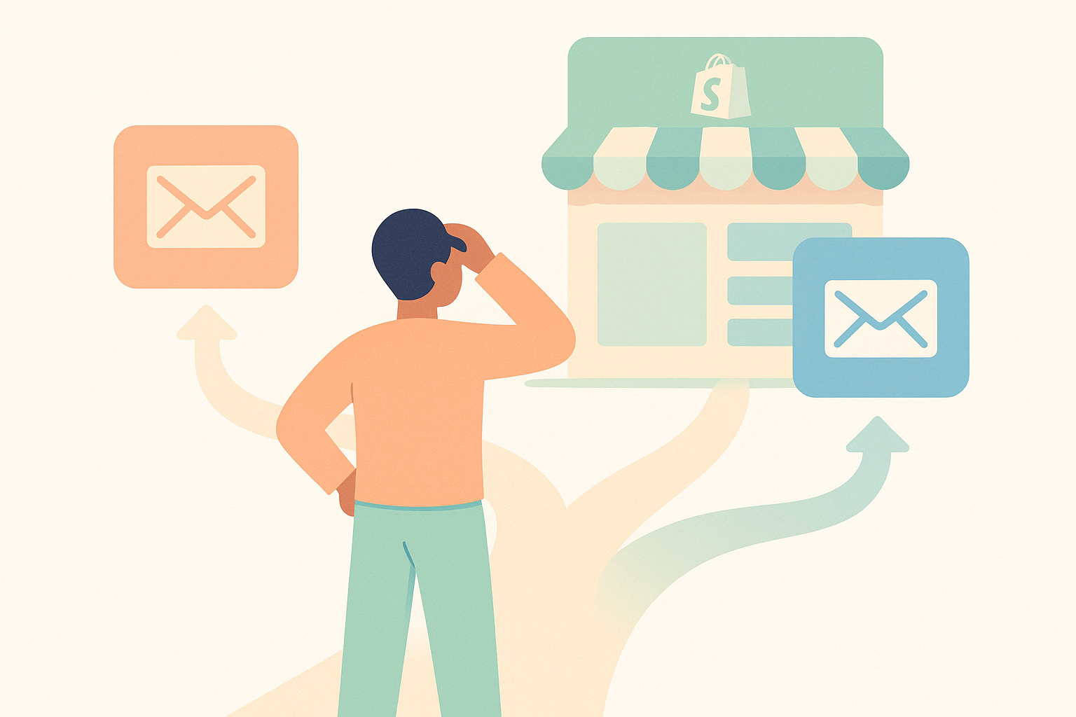 Shopifyストア運営者が2つのメールツールの分かれ道でどちらを選ぶか迷っている様子