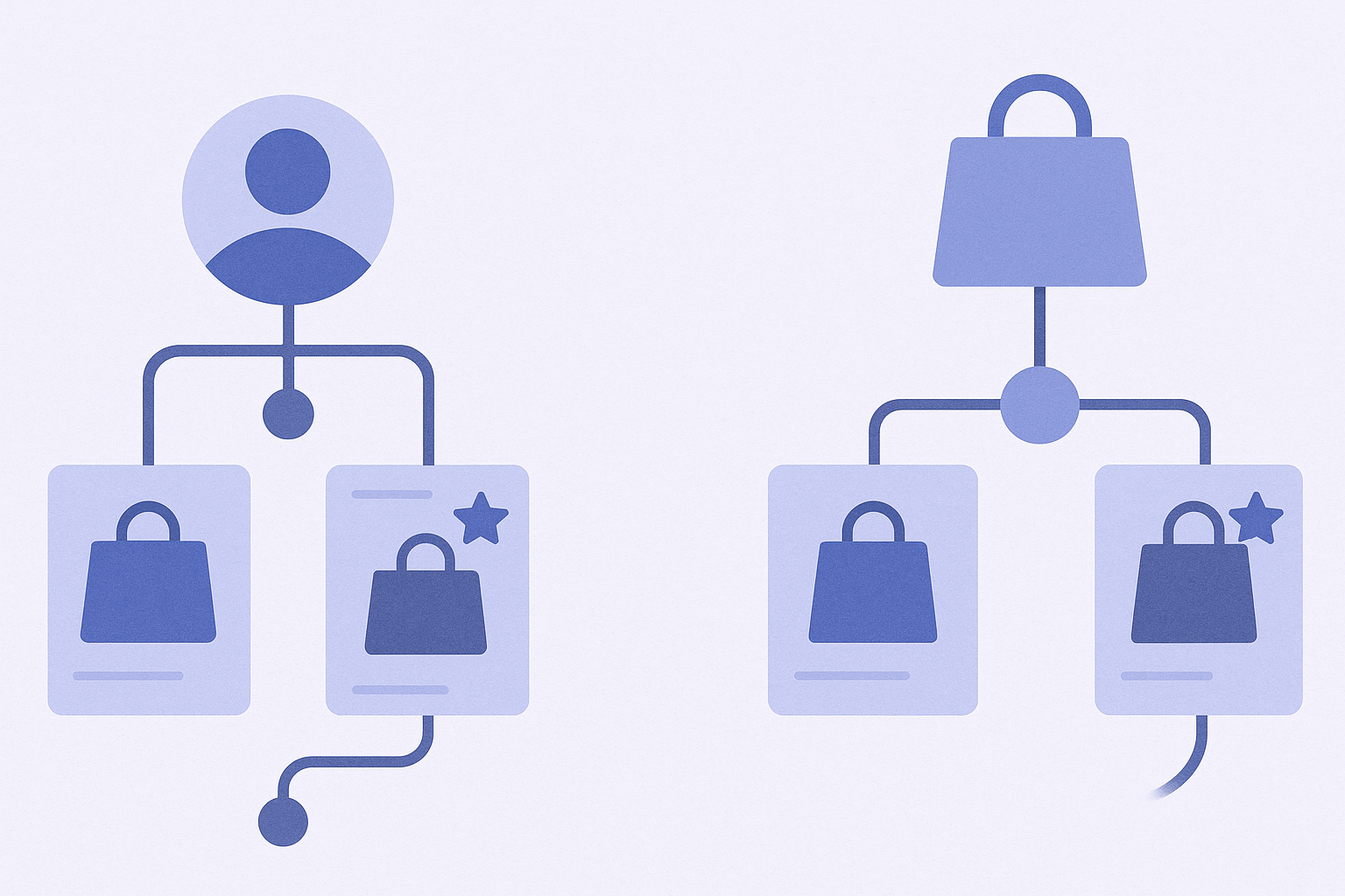 Abstract illustration contrasting collaborative filtering based on user behavior with AI similar items based on product features and visual similarity
