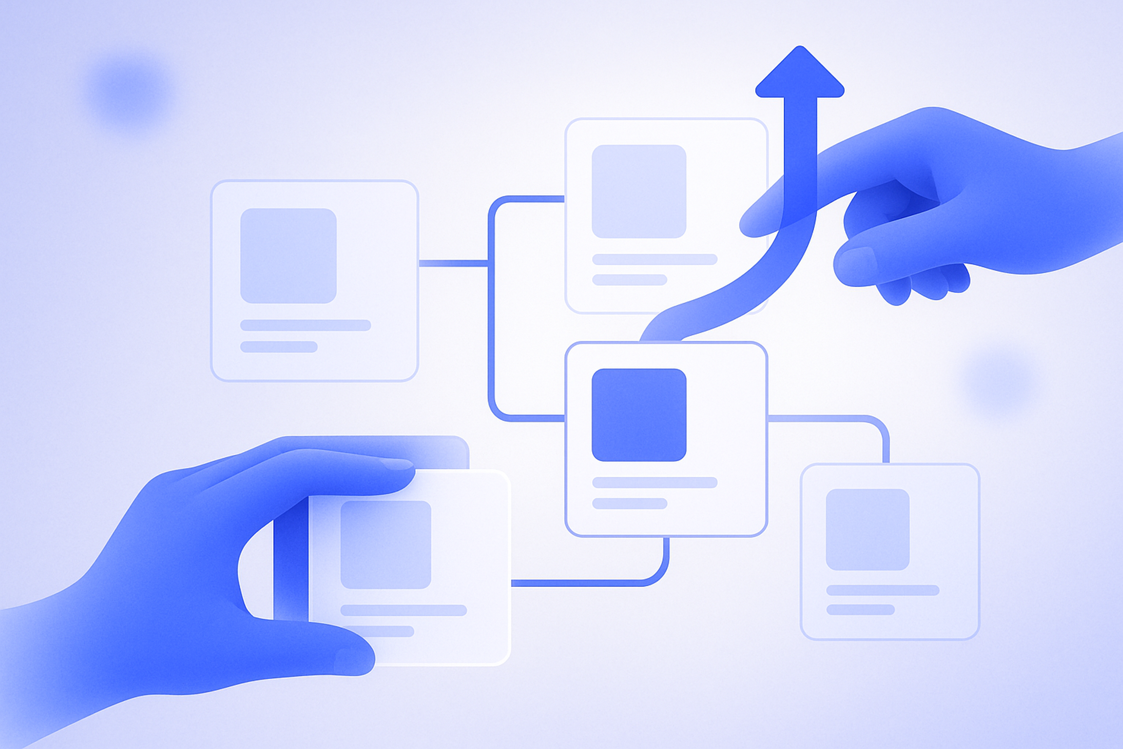 Illustration of a merchant rearranging Shopify product cards on a screen to design upsell and cross-sell offers across the store