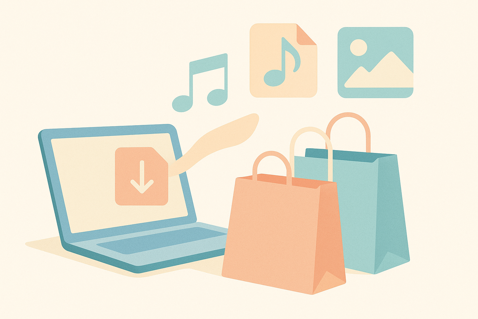 Abstract illustration of a Shopify store selling digital products such as files and online content, representing how digital items are delivered and sold online without physical shipping