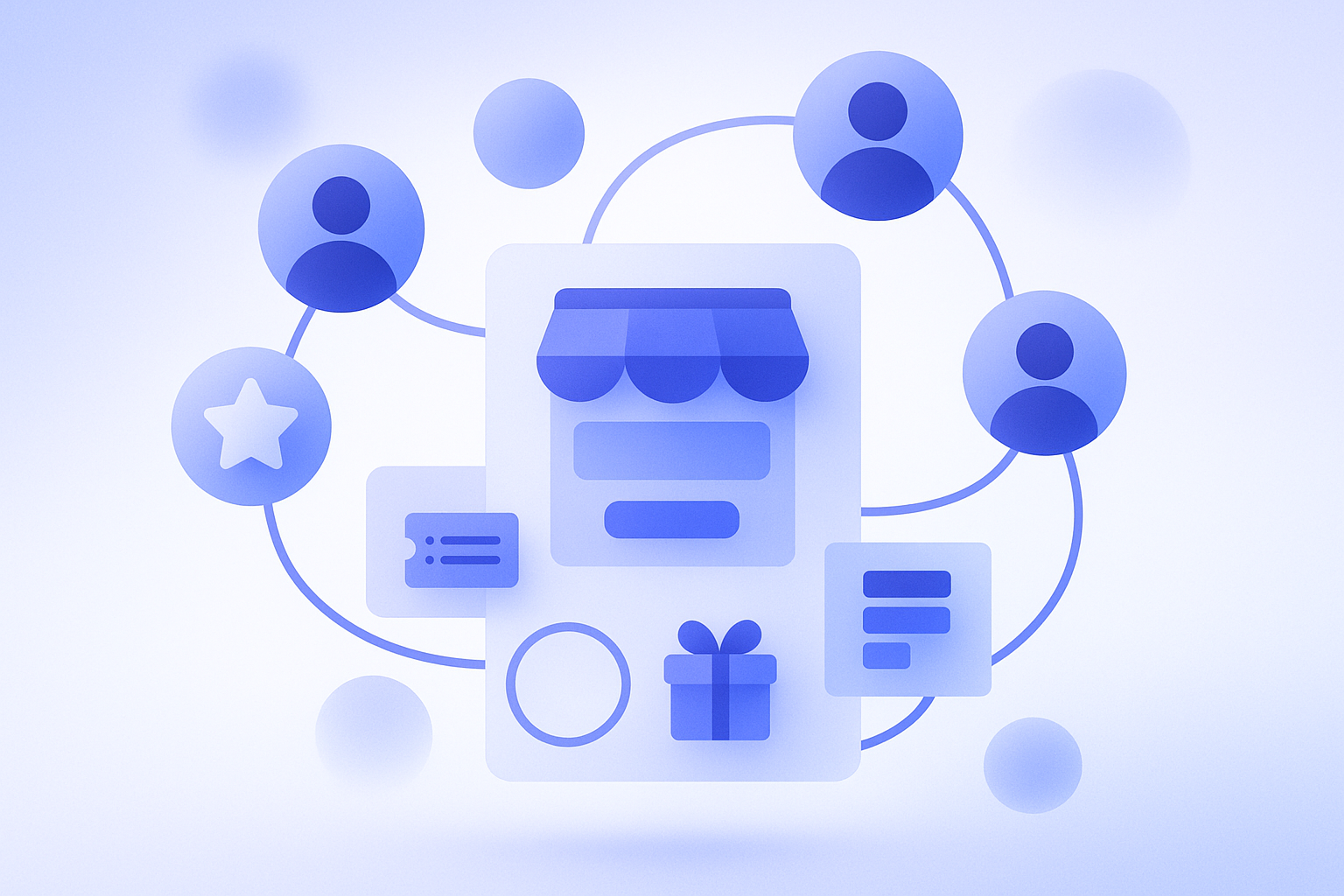 Shopifyストアとリピート顧客が線でつながり、ポイントや特典を表すアイコンが配置されたロイヤルティ設計のイメージ図