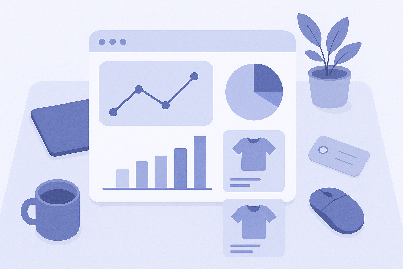 Abstract dashboard illustration representing ecommerce analytics with metrics for recommendation impressions, clicks, and add-to-cart performance on a Shopify store.