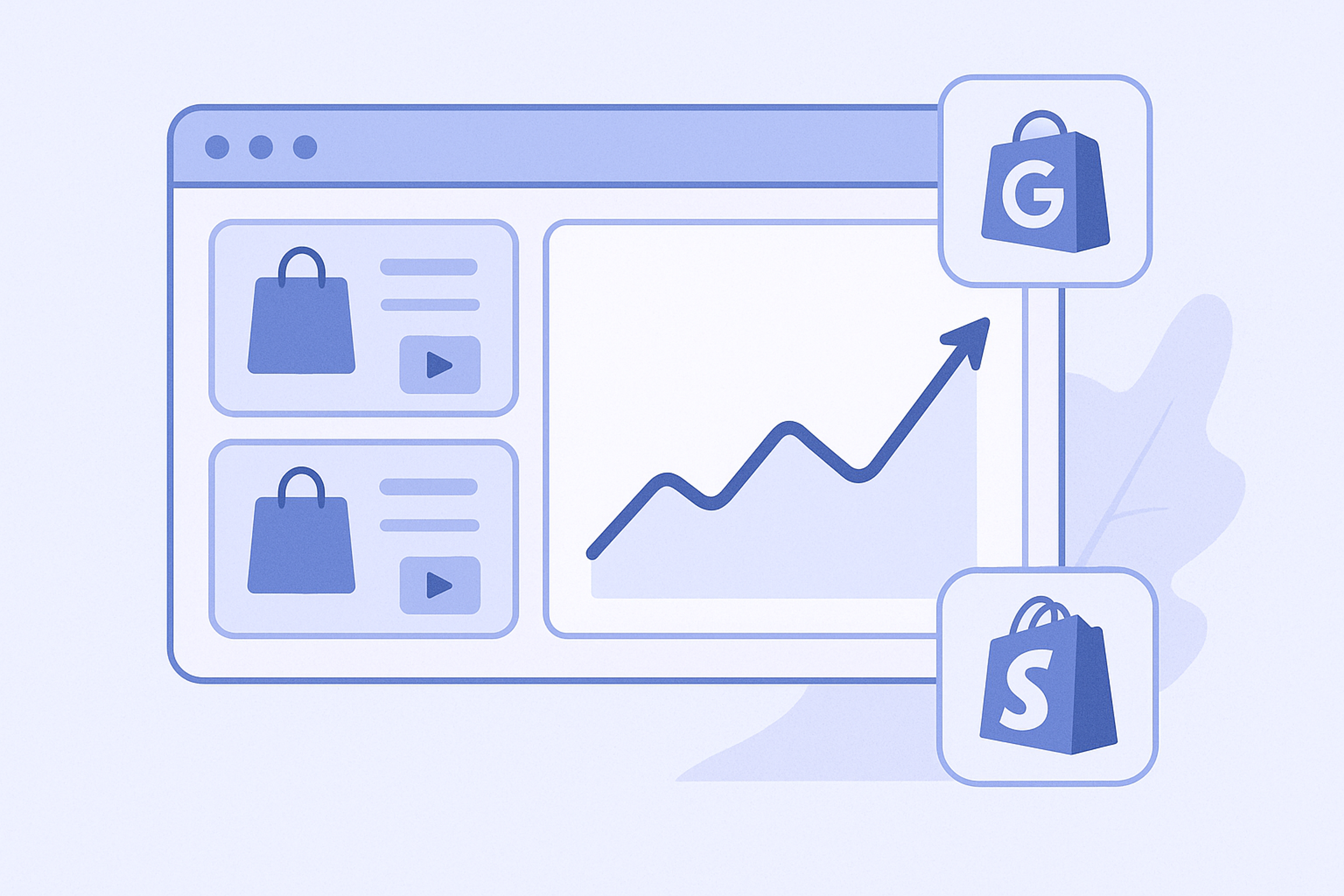 Shopifyの管理画面とショッピング広告の成果グラフを抽象的に表現したイラスト
