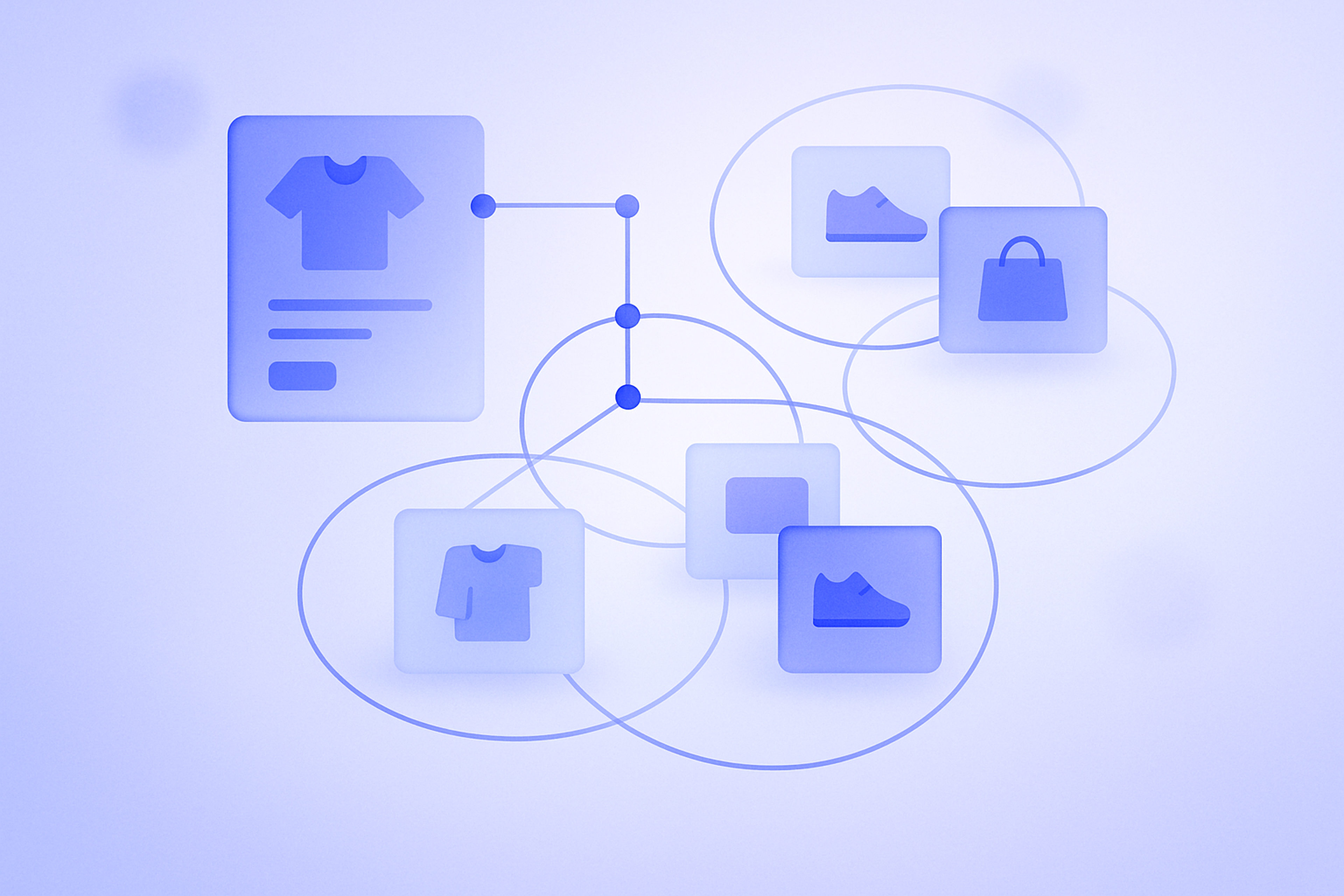 Shopifyのコレクションが自動条件で複数の商品グループに整理されていく様子を表現したイラスト