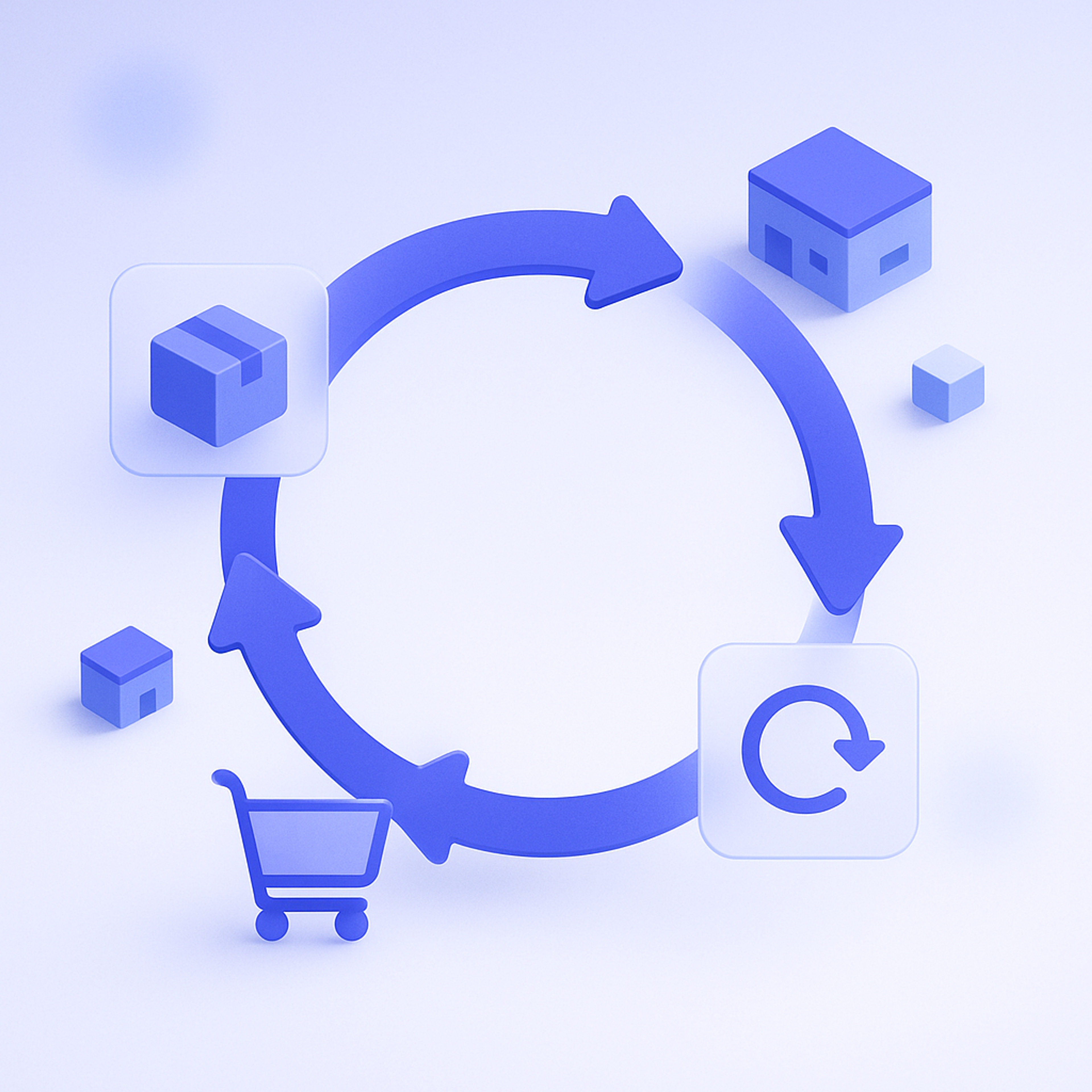 Diagram of an inventory workflow cycling through receiving, order processing, and returns