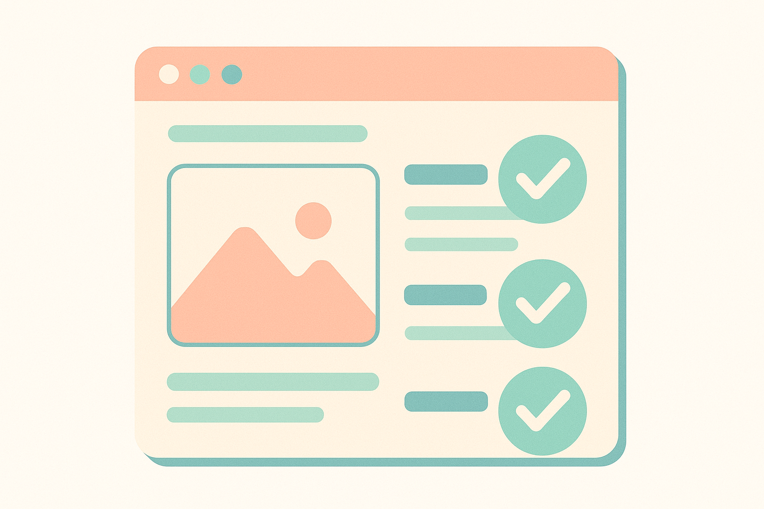 Illustration of a Shopify product page where the title, description, images, and links all have green checkmarks, expressing a fully optimized page for SEO.