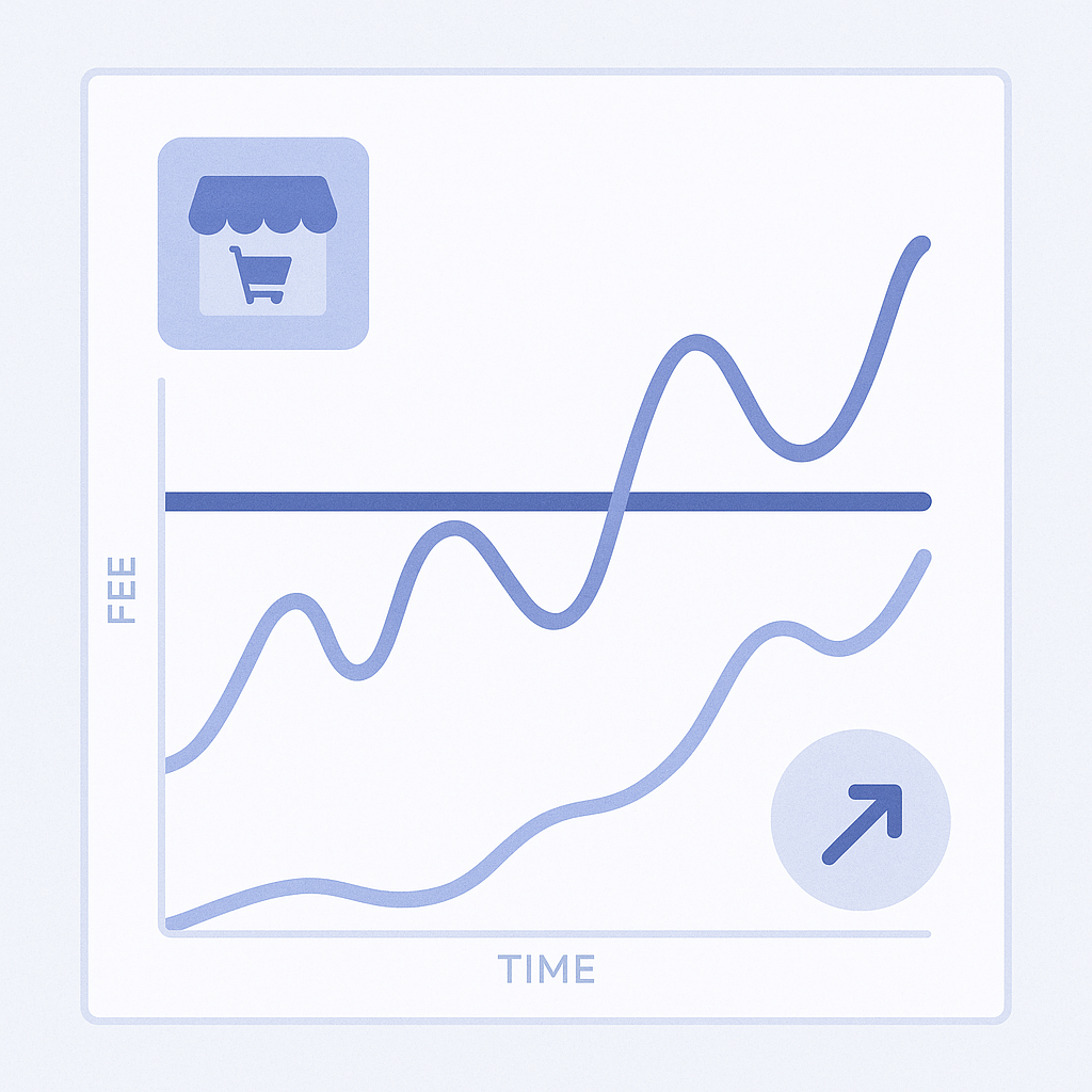 Graph image comparing cost trends for flat-fee pricing and revenue-based pricing models