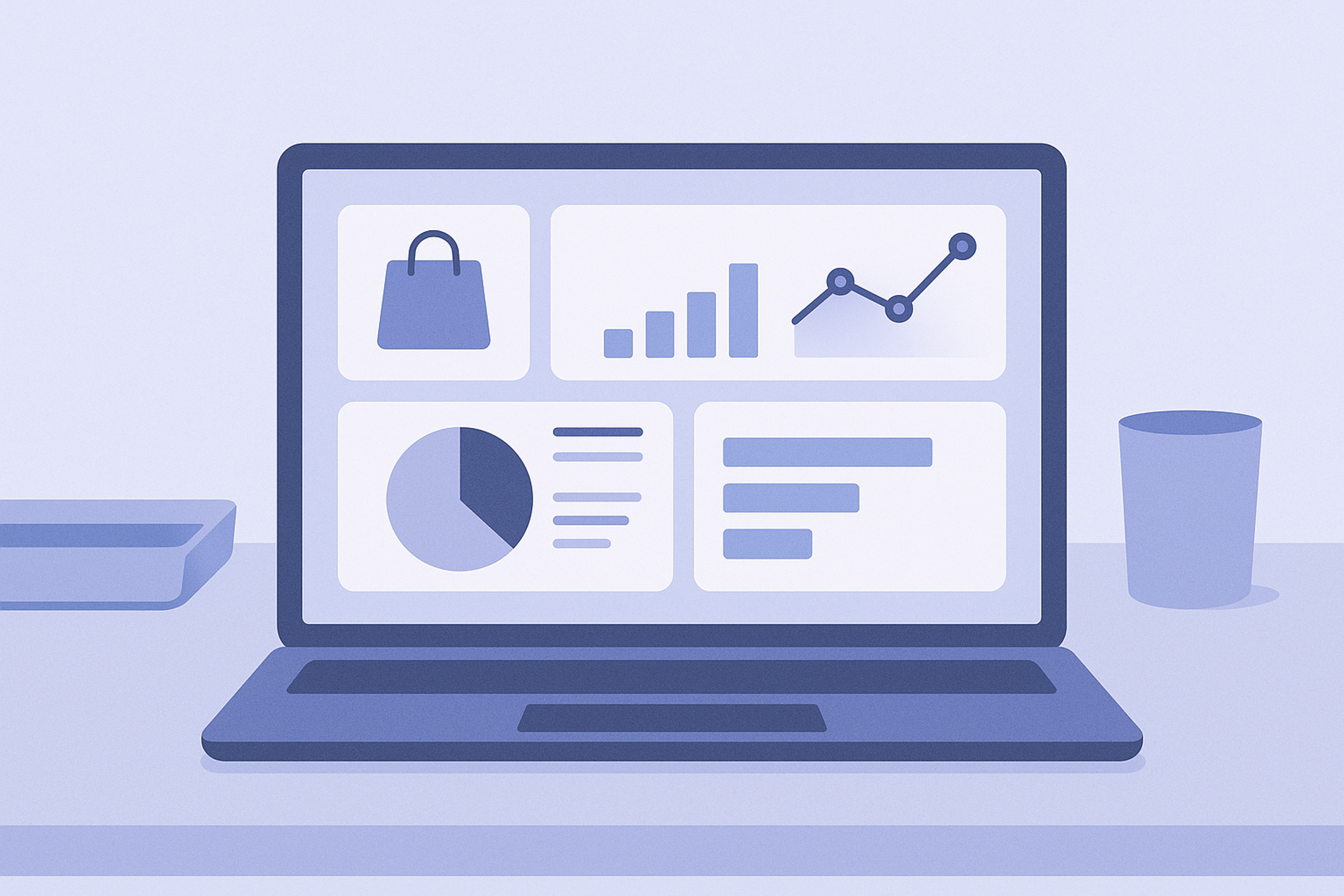 Illustration of an ecommerce analytics dashboard showing recommendation KPIs such as impressions, CTR, CVR, and purchase contribution for weekly review.