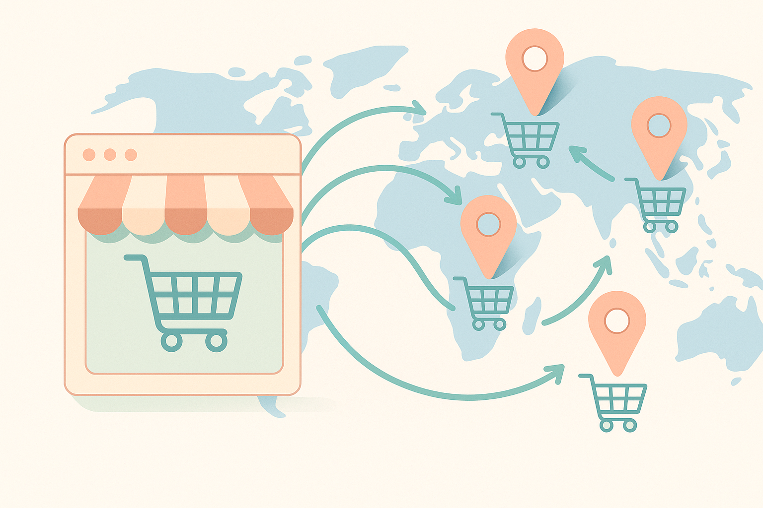 Illustration of a Shopify store expanding across a world map, showing cross‑border ecommerce and sales to multiple countries from a single store