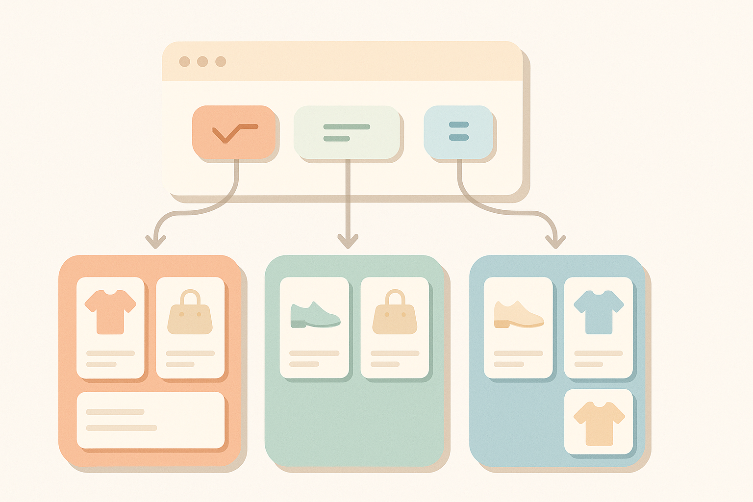 Shopifyのコレクションが自動条件で複数の商品グループに整理されていく様子を表現したイラスト