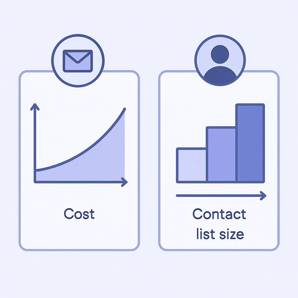 Simple chart illustration comparing send-based pricing versus contact-based pricing structures for email tools