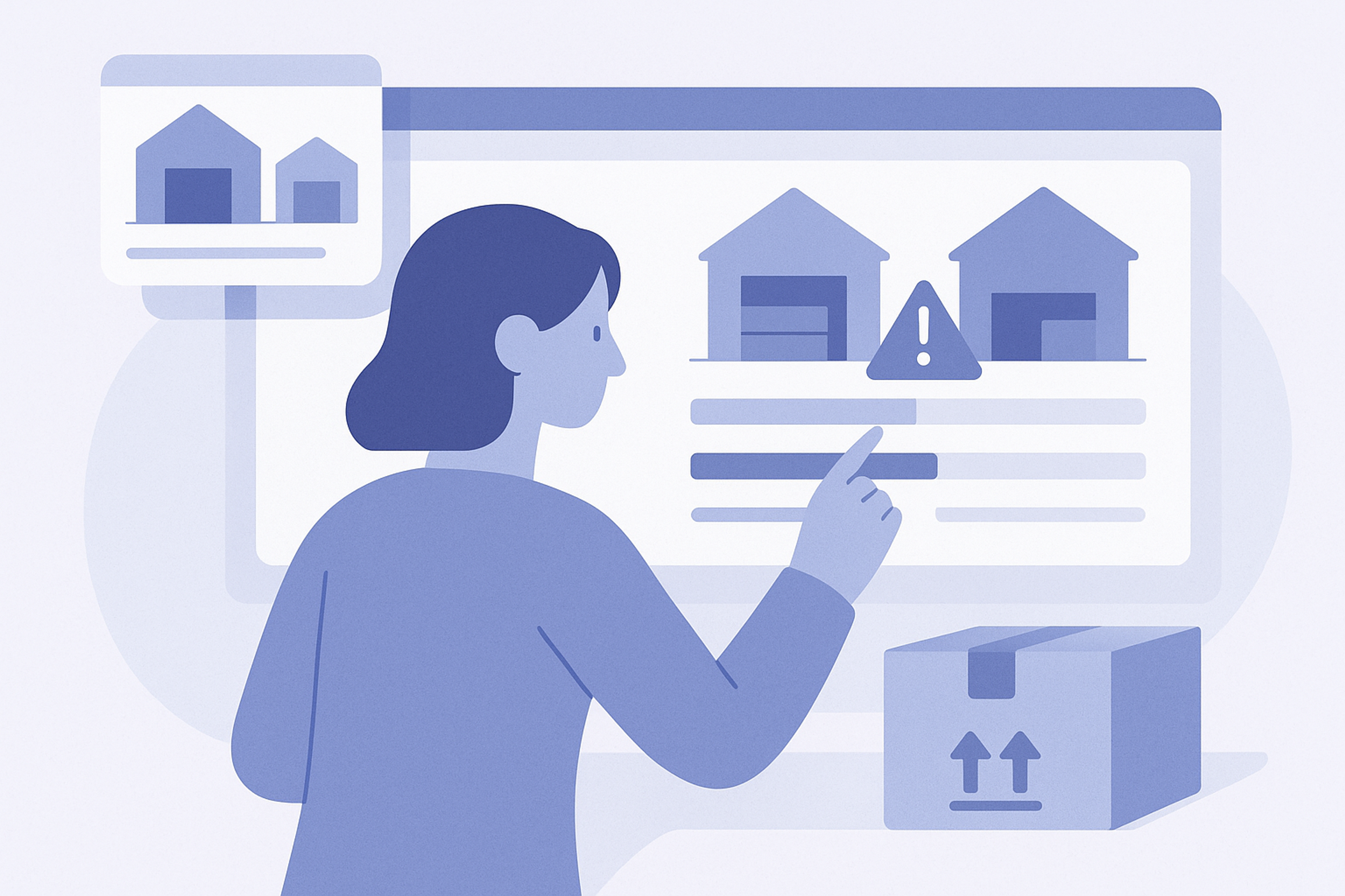 Illustration of an ecommerce manager managing Shopify inventory by location while using inventory alerts to prevent stockouts in both the online store and physical shops.