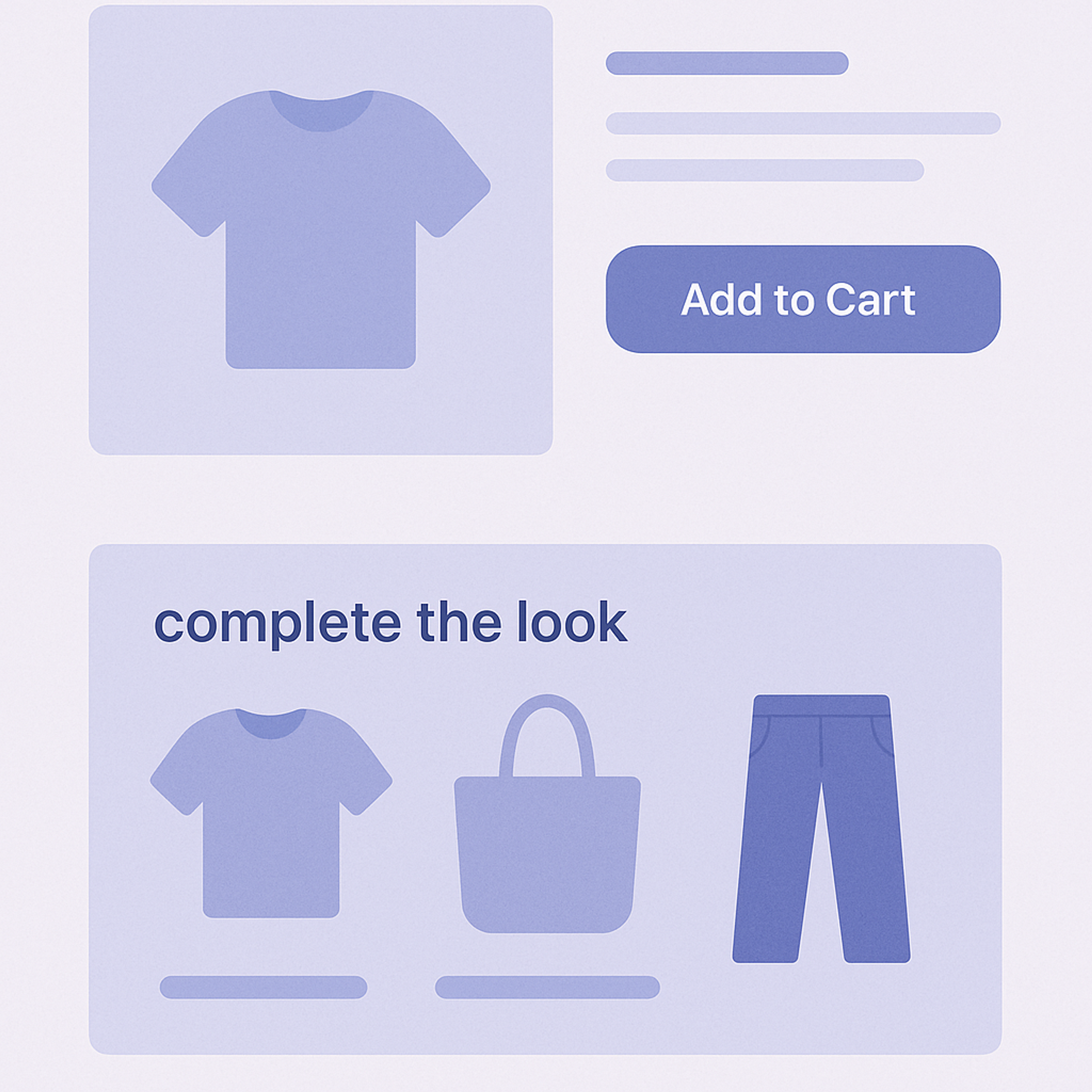 商品詳細ページでカートボタンの直下に「Complete the look」ブロックが配置されているレイアウト図のイメージ。
